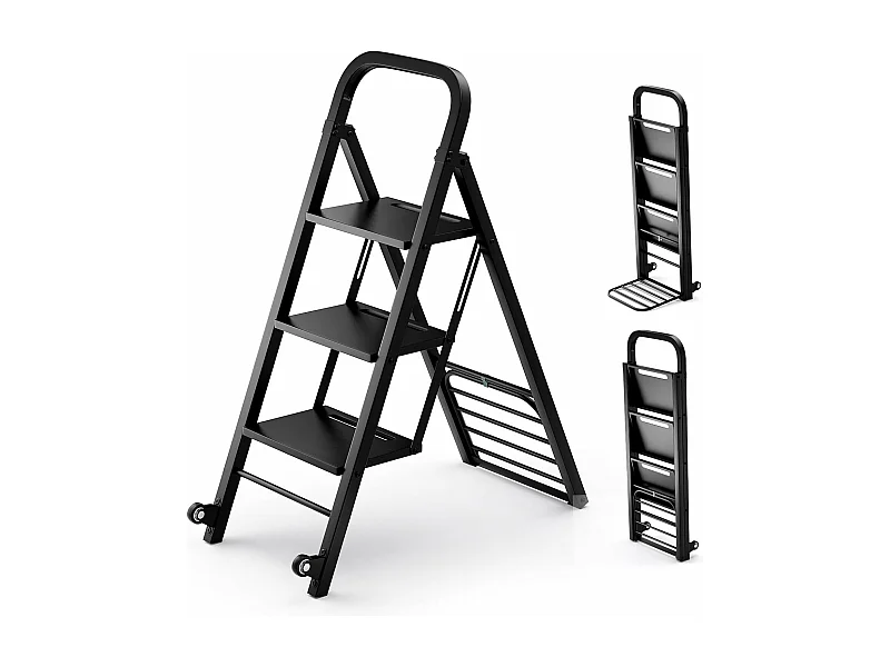 Escabeau et Diable 2 en 1 Pliant en Métal Robuste, Échelle à 3 Marche Larges Diable Convertible avec Roues, Capacité Echelle 200 kg, Capacité Diable 250 kg, Noir