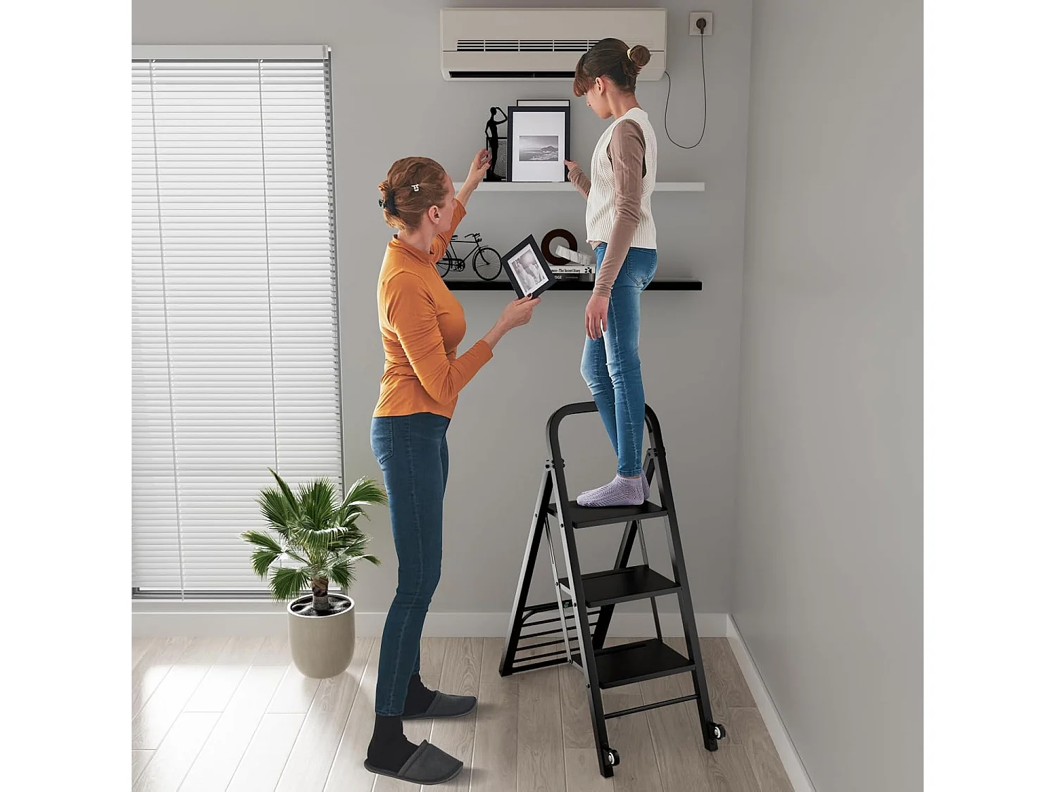 Escabeau et Diable 2 en 1 Pliant en Métal Robuste, Échelle à 3 Marche Larges Diable Convertible avec Roues, Capacité Echelle 200 kg, Capacité Diable 250 kg, Noir