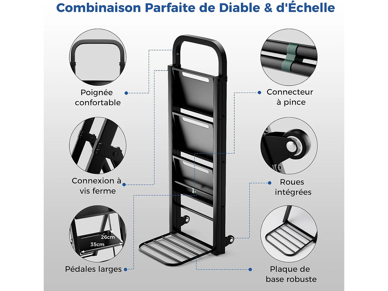 Escabeau et Diable 2 en 1 Pliant en Métal Robuste, Échelle à 3 Marche Larges Diable Convertible avec Roues, Capacité Echelle 200 kg, Capacité Diable 250 kg, Noir