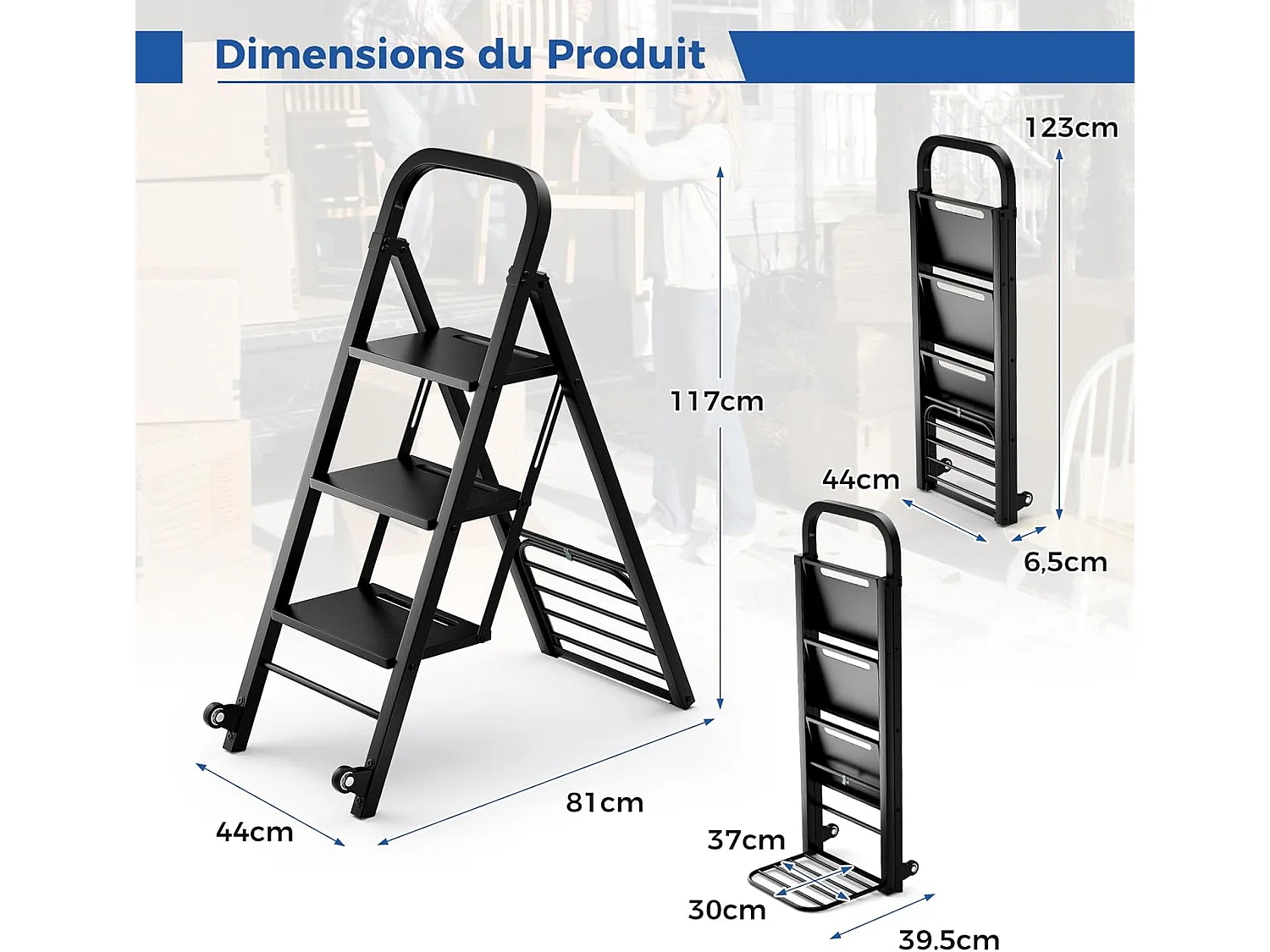 Escabeau et Diable 2 en 1 Pliant en Métal Robuste, Échelle à 3 Marche Larges Diable Convertible avec Roues, Capacité Echelle 200 kg, Capacité Diable 250 kg, Noir