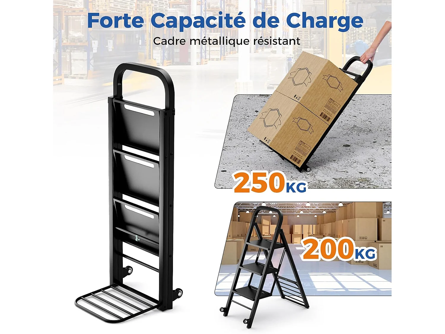 Escabeau et Diable 2 en 1 Pliant en Métal Robuste, Échelle à 3 Marche Larges Diable Convertible avec Roues, Capacité Echelle 200 kg, Capacité Diable 250 kg, Noir