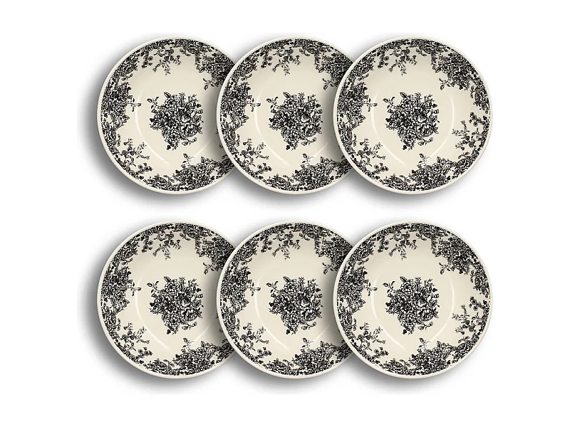 Novastyl - Lot 6 Assiettes Creuses Florali 20.5cm En Gres Decor Noir