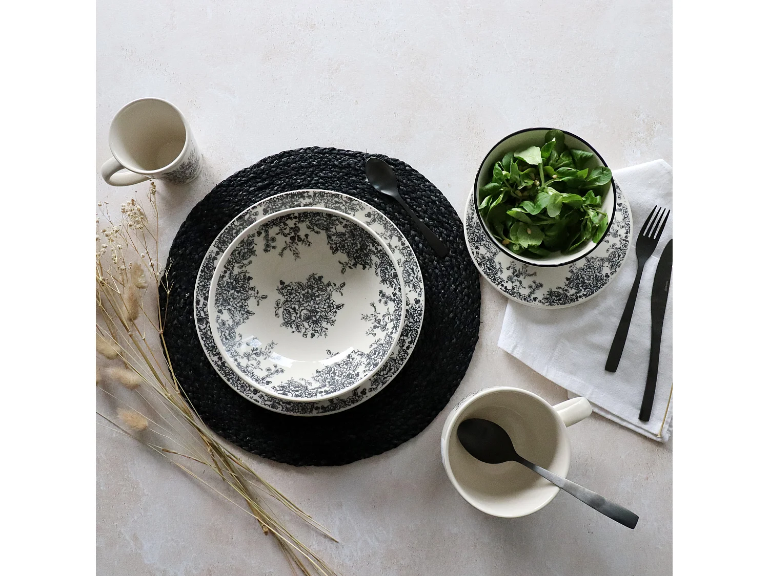 Novastyl - Lot 6 Assiettes Creuses Florali 20.5cm En Gres Decor Noir