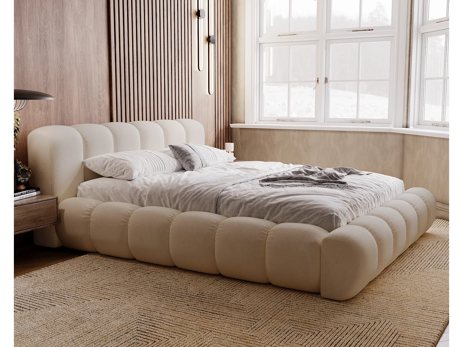 Emporius Cloud lit adulte 180x200 cm - lit capitonné, lit 180x200 avec rangement, velours Beige (Komodo 11)