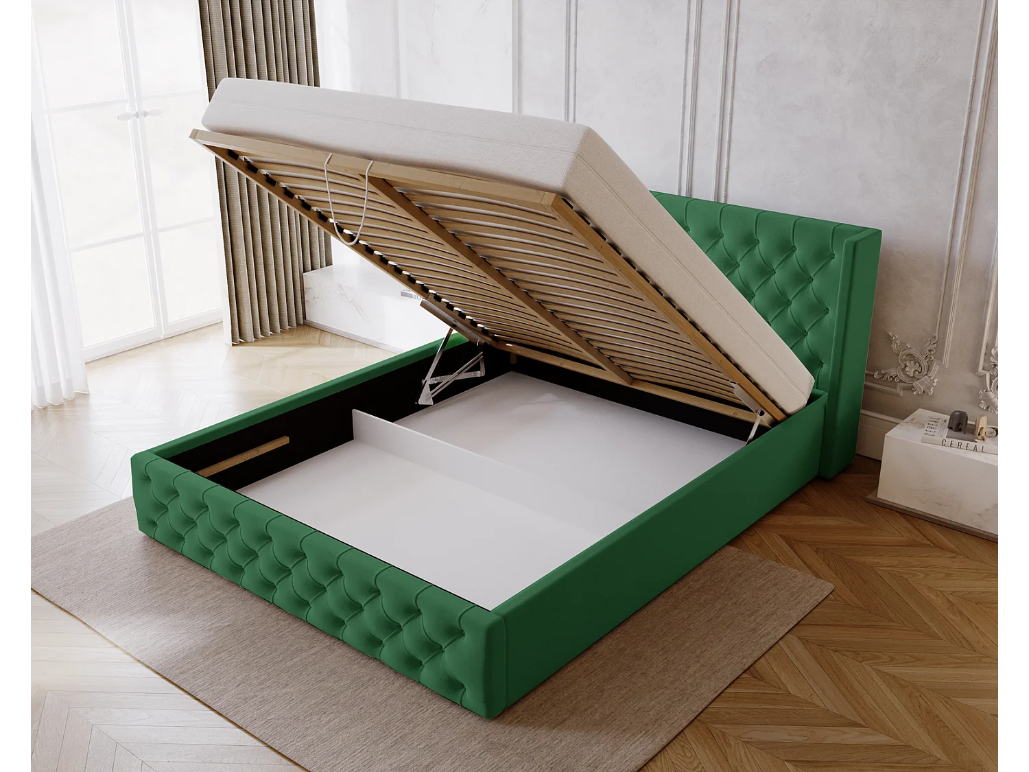 Emporius Rolia lit rembourré 180x200 lit avec rangement, sommier à lattes - lit coffre 180x200 tissu velour Vert (Magic Velvet 2225)