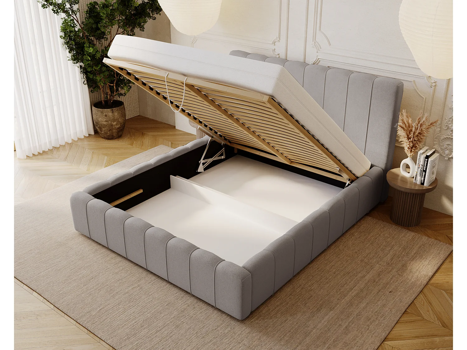 Emporius Lisbon Polsterbett mit Bettkasten, Doppelbett 140x200 Samtstoff, velvet, Bett Hellgrau (Komodo 20)