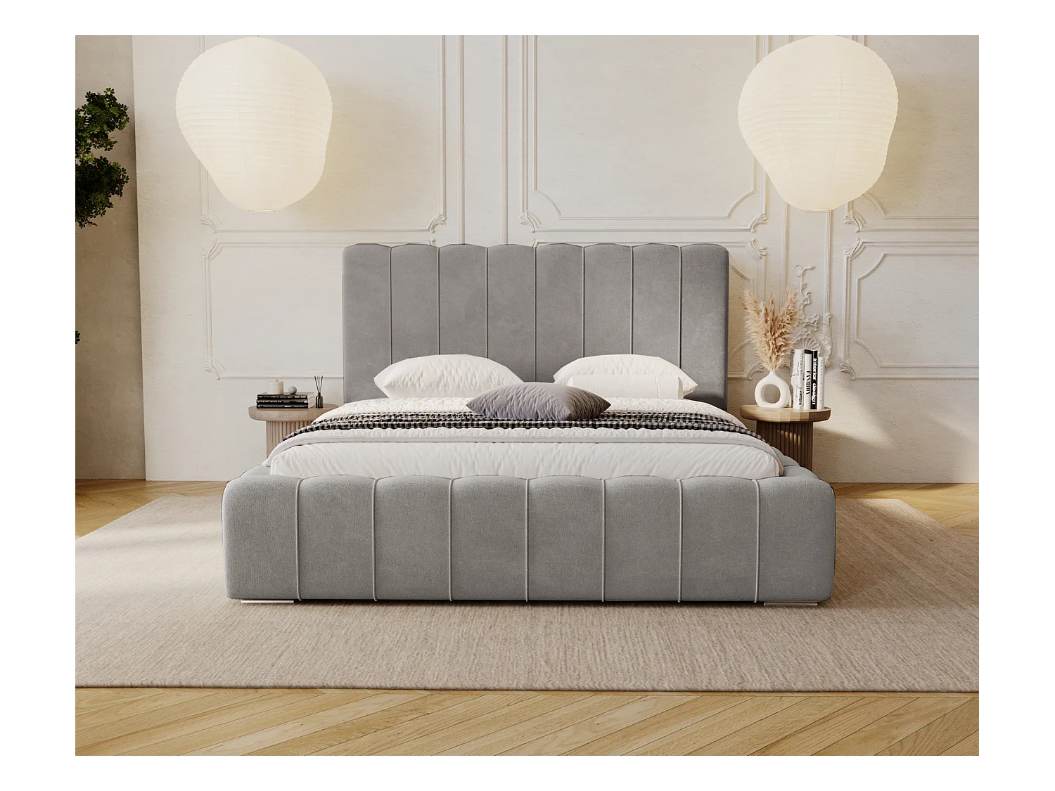 Emporius Lisbon lit avec rangement, lit adulte 140x200 sommier à lattes - lit coffre 140 x 200 - tissu velour Gris clair (Komodo 20)