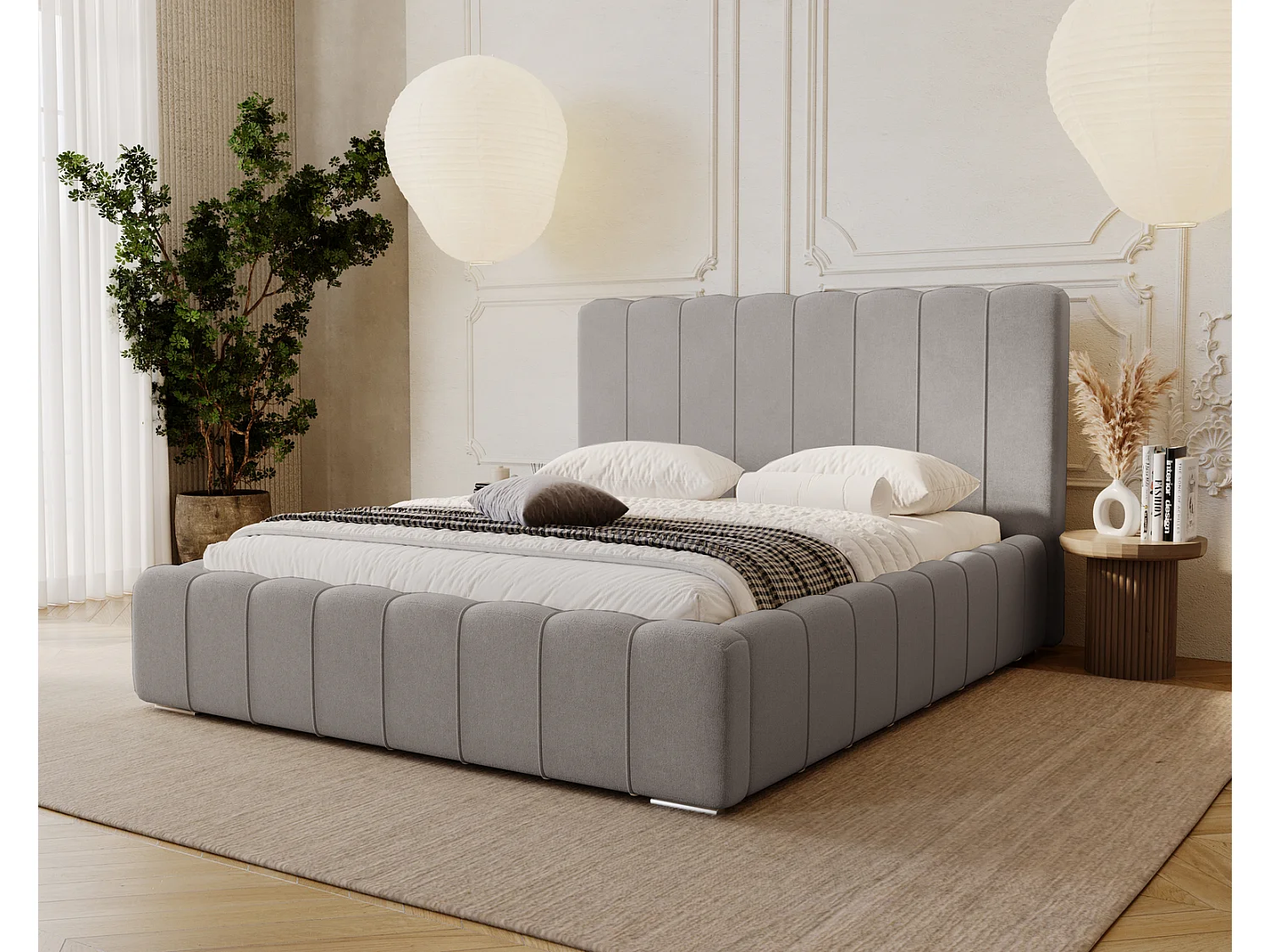 Emporius Lisbon gestoffeerd bed 140x200 met opbergruimte - bed 140x200, tweepersoonsbed fluwelen Lichtgrijs (Komodo 20)