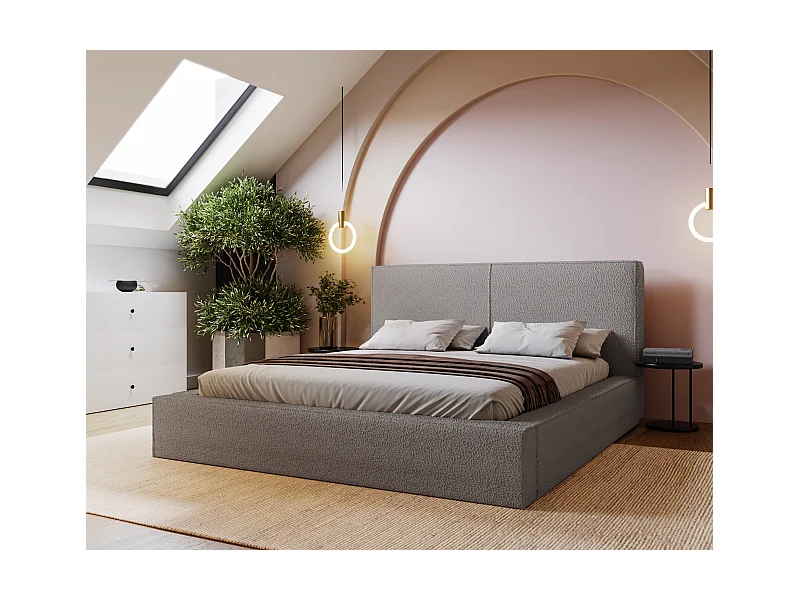 Emporius Morin lit double 140x200 avec rangement, sommier à lattes, tête de lit - lit bouclé 140x200 Gris clair (Anthology 15)