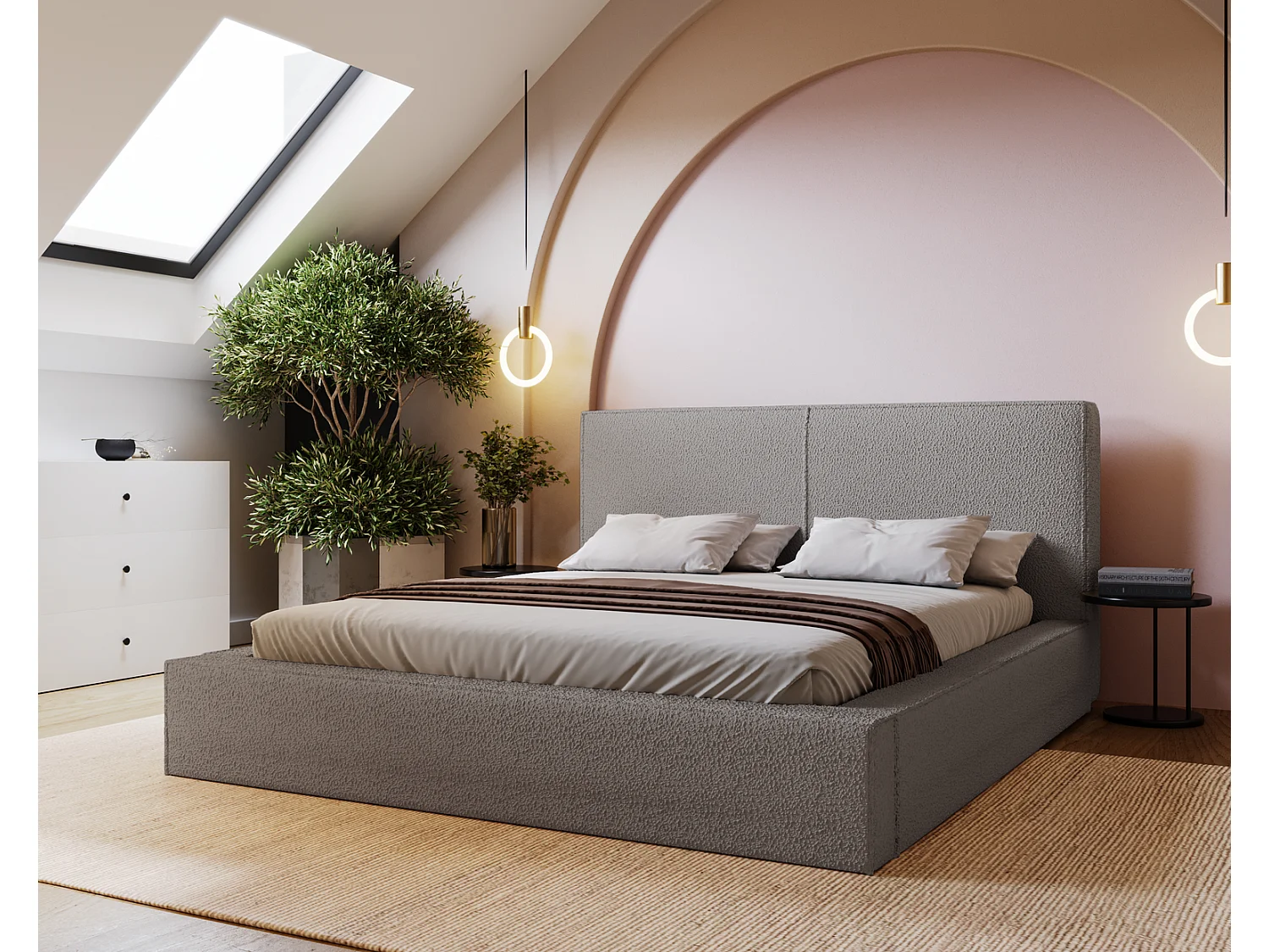 Emporius Morin lit double 140x200 avec rangement, sommier à lattes, tête de lit - lit bouclé 140x200 Gris clair (Anthology 15)