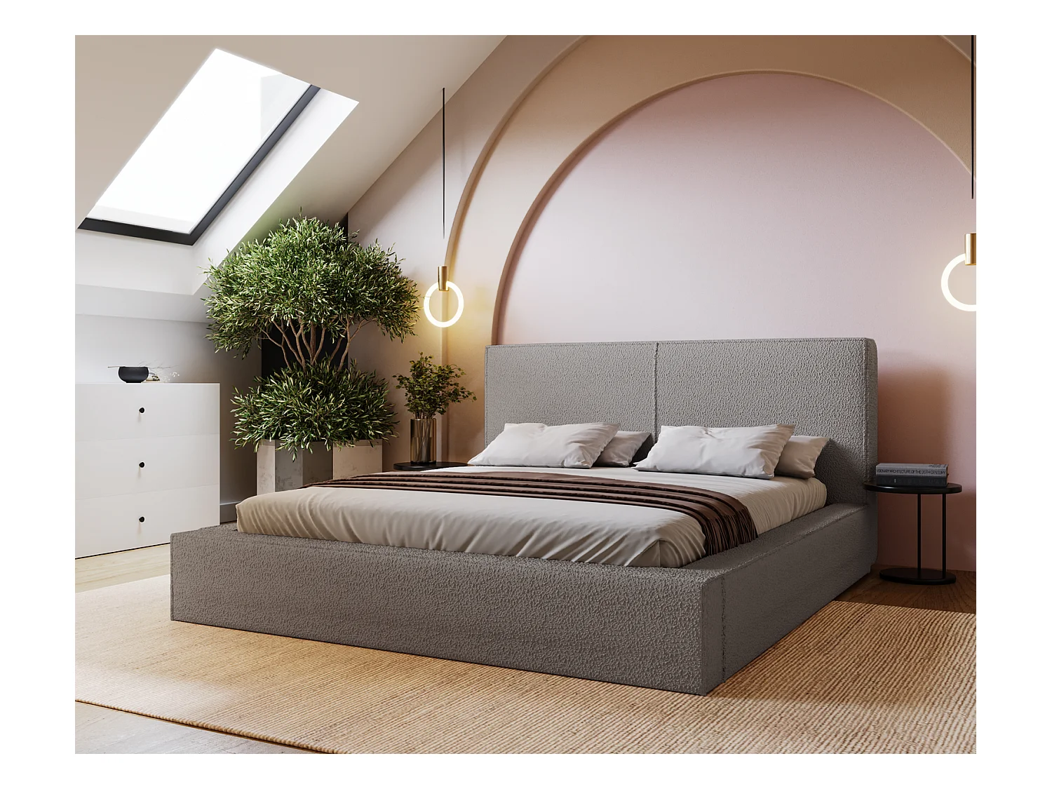 Emporius Morin Doppelbett 140x200 - Polsterbett boucle, bett 140x200 mit Bettkasten - Hellgrau (Anthology 15)