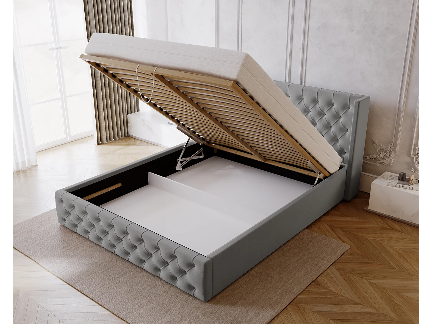 Emporius Rolia łóżko pikowane 160x200 - pojemnik i stelaż - łóżko dwuosobowe 140x200 w stylu glamour - aksamit, jasny szary (Magic Velvet 2218)