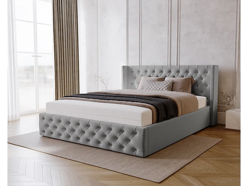 Emporius Rolia lit rembourré 160x200 lit avec rangement, sommier à lattes - lit coffre 160x200 tissu velour Gris clair (Magic Velvet 2218)