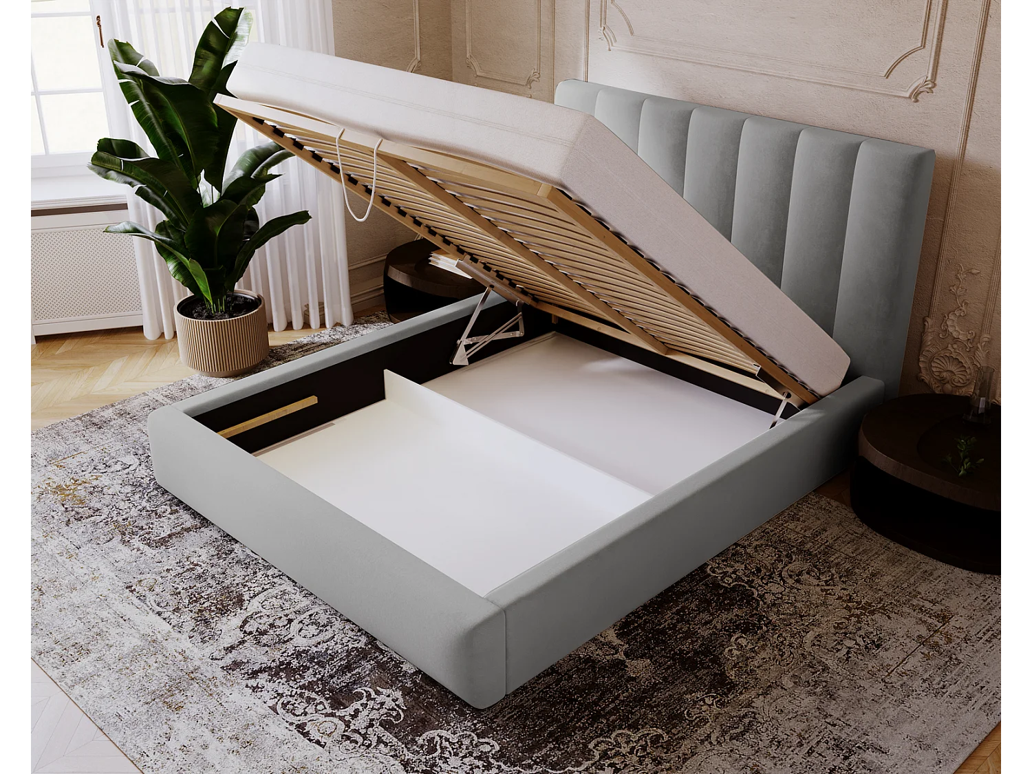 Emporius Velor lit coffre 180x200 avec rangement, lit adulte 180x200, sommier à lattes, velours Gris clair (Magic Velvet 2218)