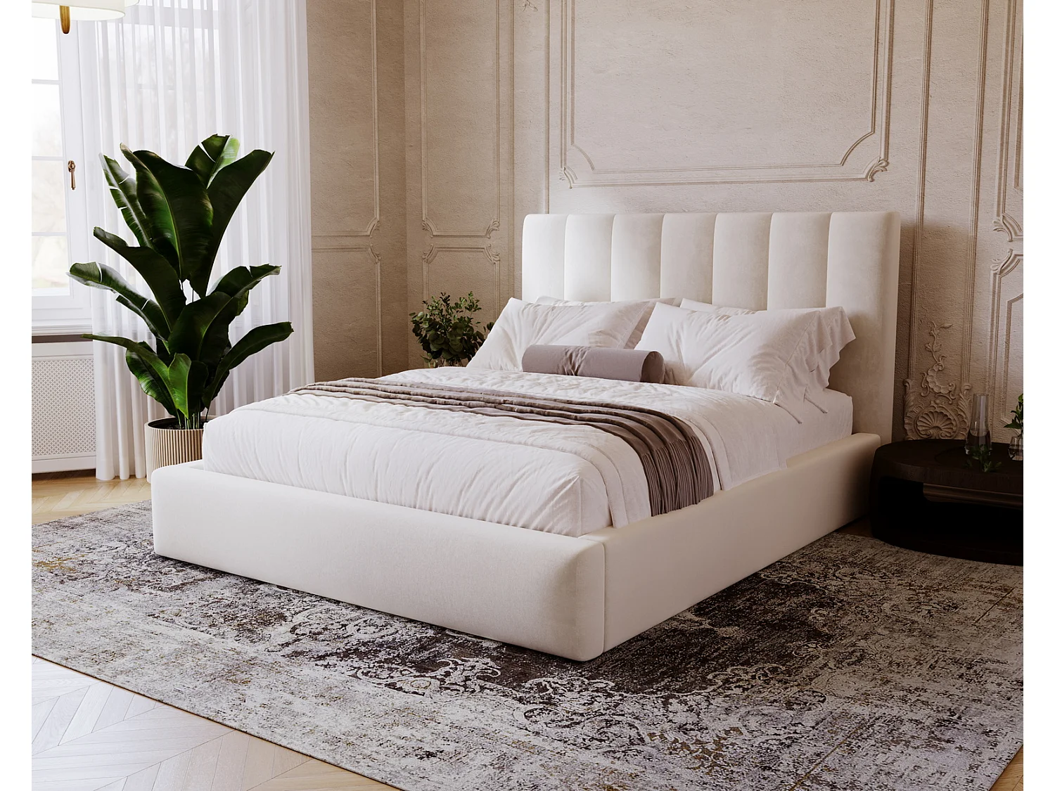 Emporius Velor łóżko dwuosobowe sypialniane 140x200 - pojemnik i stelaż, łóżko dwuosobowe 140x200 w nowoczesnym stylu - aksamit, beżowy (Magic Velvet 2201)