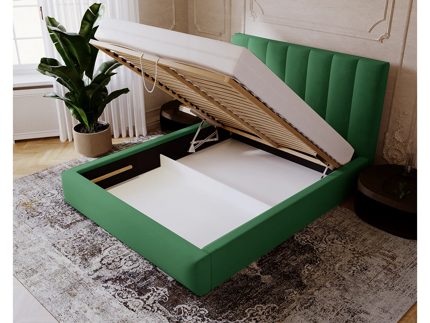 Emporius Velor lit coffre 200x200 avec rangement, lit adulte 200x200, sommier à lattes, velours Vert (Magic Velvet 2225)