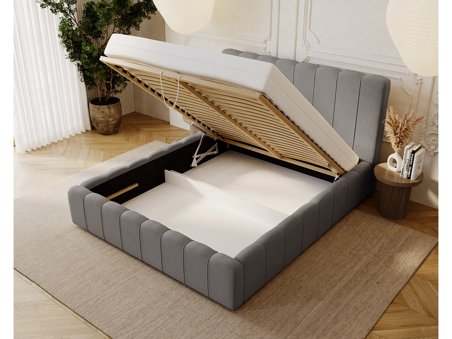 Emporius Lisbon lit avec rangement, lit adulte 180x200 sommier à lattes - lit coffre 180 x 200 - tissu velour Gris (Komodo 21)