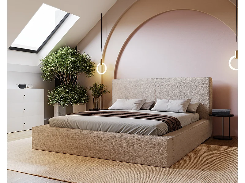 Emporius Morin lit double 180x200 avec rangement, sommier à lattes, tête de lit - lit bouclé 180x200 Beige (Anthology 3)