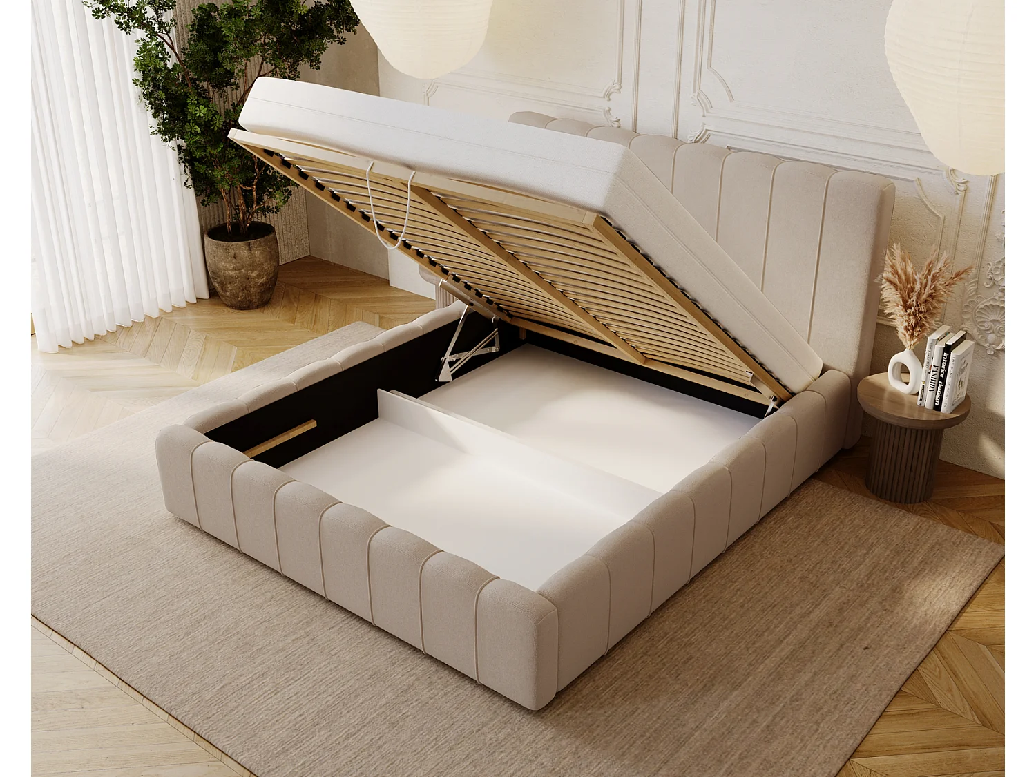 Emporius Lisbon lit avec rangement, lit adulte 200x200 sommier à lattes - lit coffre 200 x 200 - tissu velour Beige (Komodo 11)