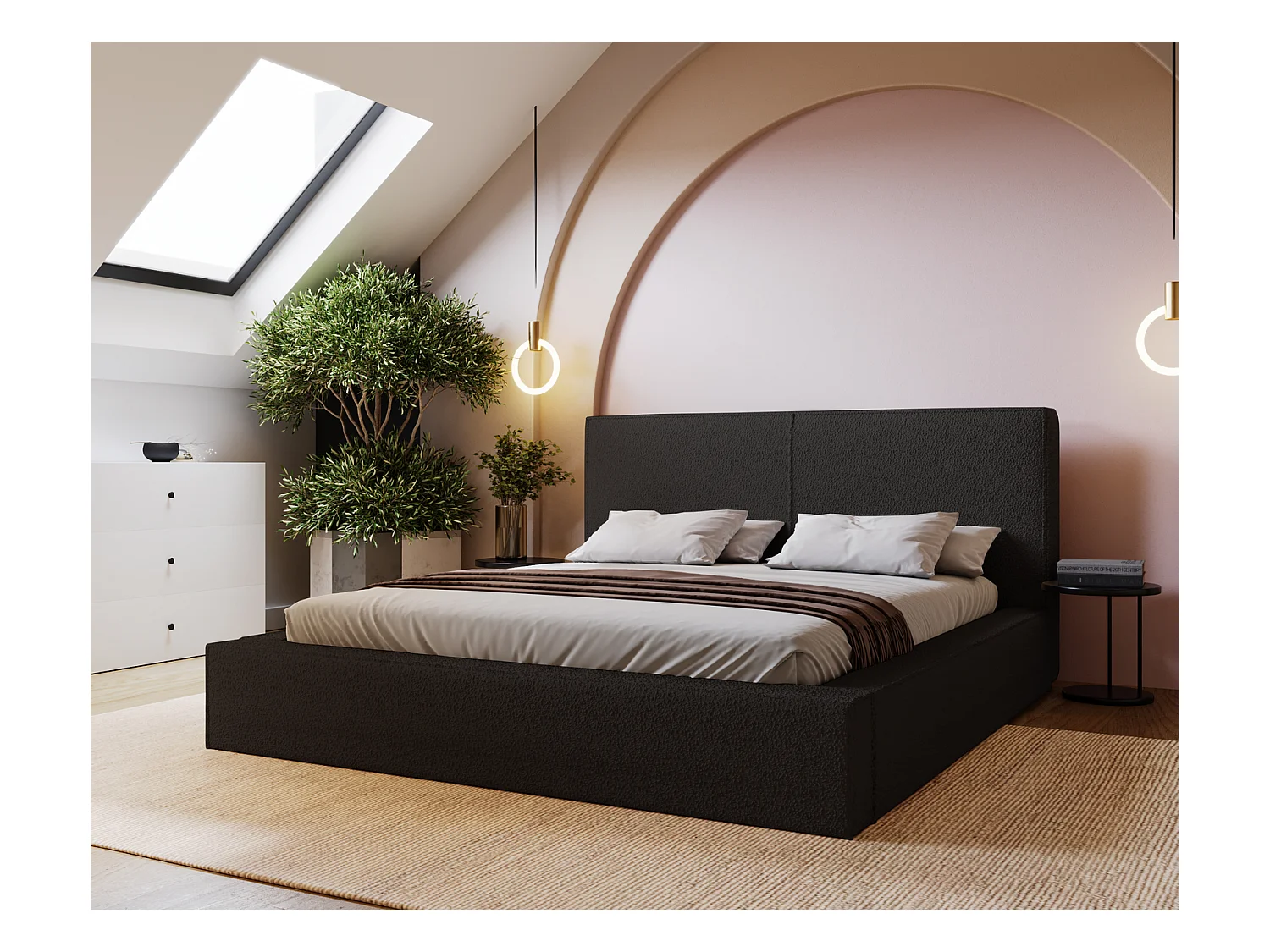 Emporius Morin Doppelbett 180x200 - Polsterbett boucle, bett 180x200 mit Bettkasten - Schwarz (Anthology 19)