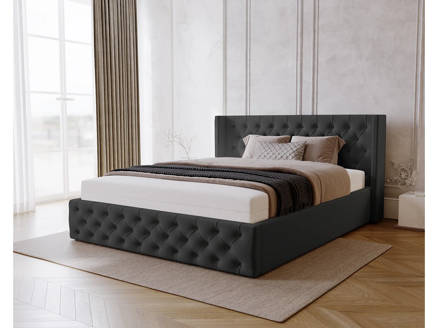 Emporius Rolia lit rembourré 200x200 lit avec rangement, sommier à lattes - lit coffre 200x200 tissu velour Noir (Magic Velvet 2219)