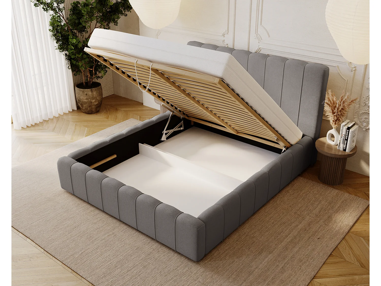 Emporius Lisbon lit avec rangement, lit adulte 160x200 sommier à lattes - lit coffre 160 x 200 - tissu velour Gris (Komodo 21)