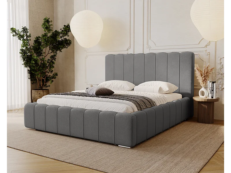 Emporius Lisbon lit avec rangement, lit adulte 160x200 sommier à lattes - lit coffre 160 x 200 - tissu velour Gris (Komodo 21)