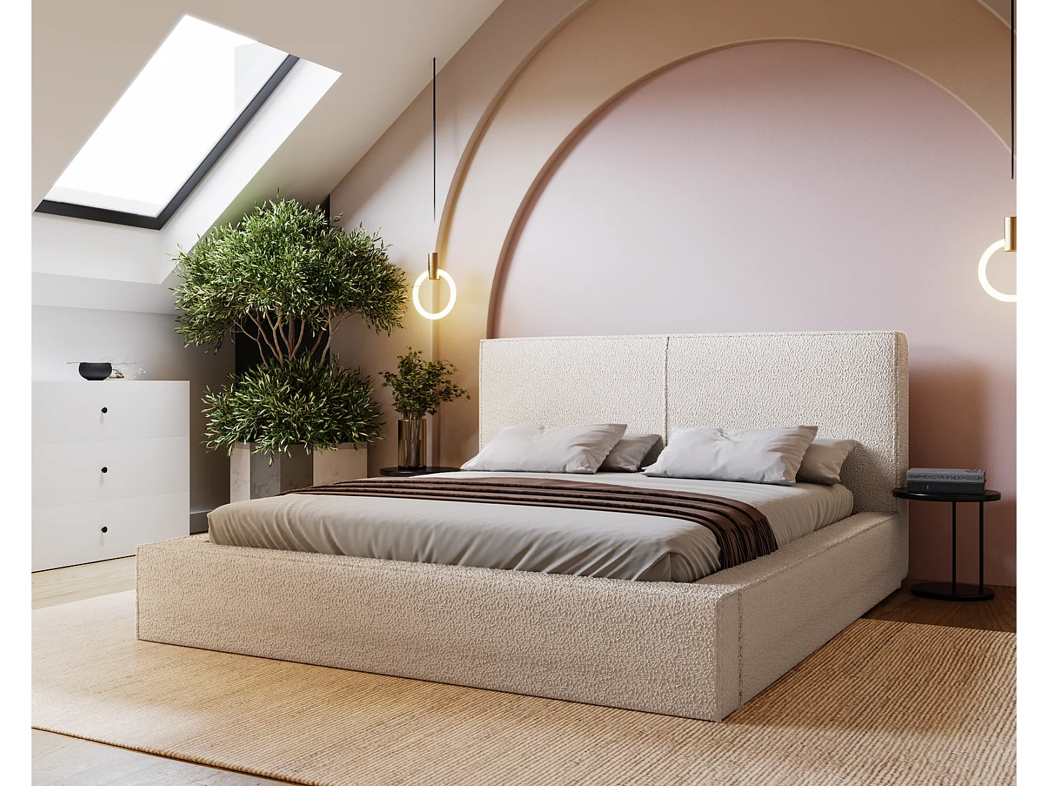 Emporius Morin lit double 180x200 avec rangement, sommier à lattes, tête de lit - lit bouclé 180x200 Crème (Anthology 1)