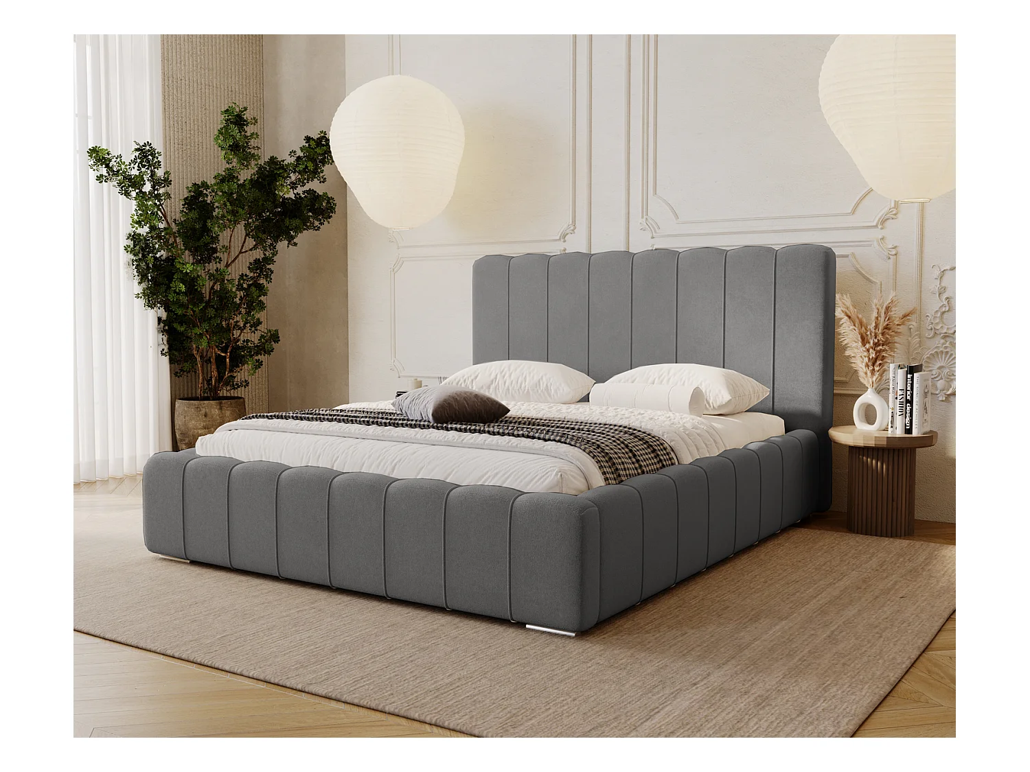 Emporius Lisbon lit avec rangement, lit adulte 200x200 sommier à lattes - lit coffre 200 x 200 - tissu velour Gris (Komodo 21)