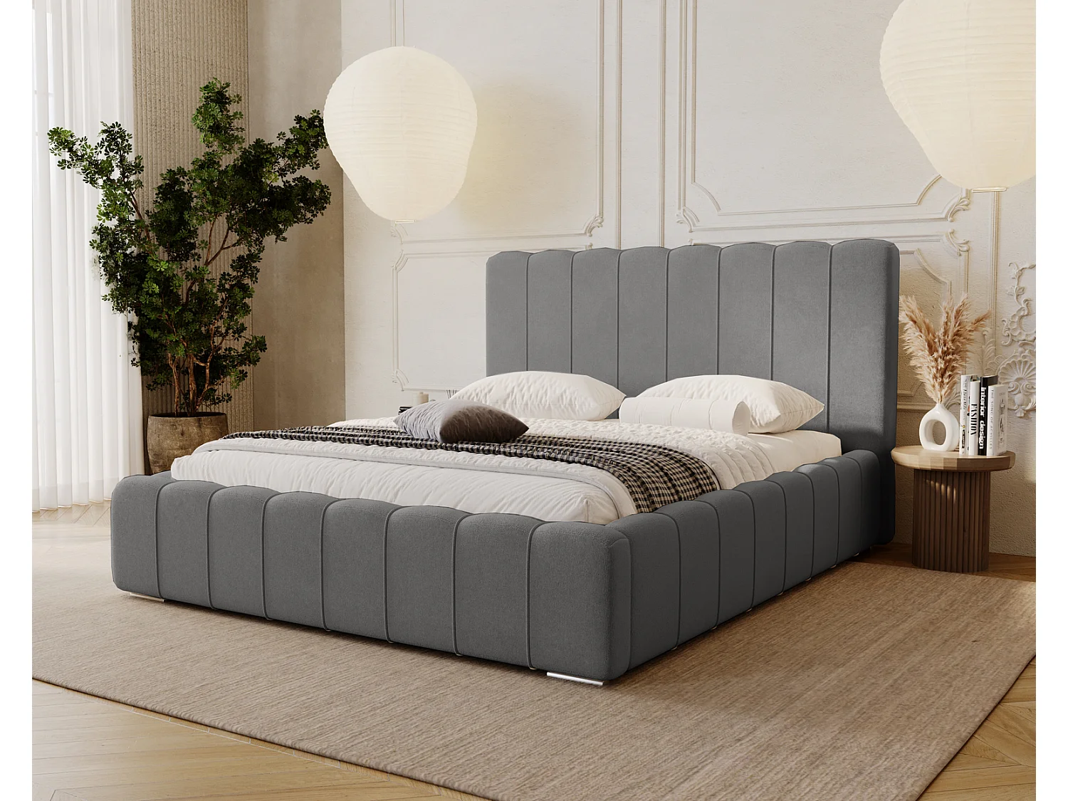 Emporius Lisbon lit avec rangement, lit adulte 200x200 sommier à lattes - lit coffre 200 x 200 - tissu velour Gris (Komodo 21)