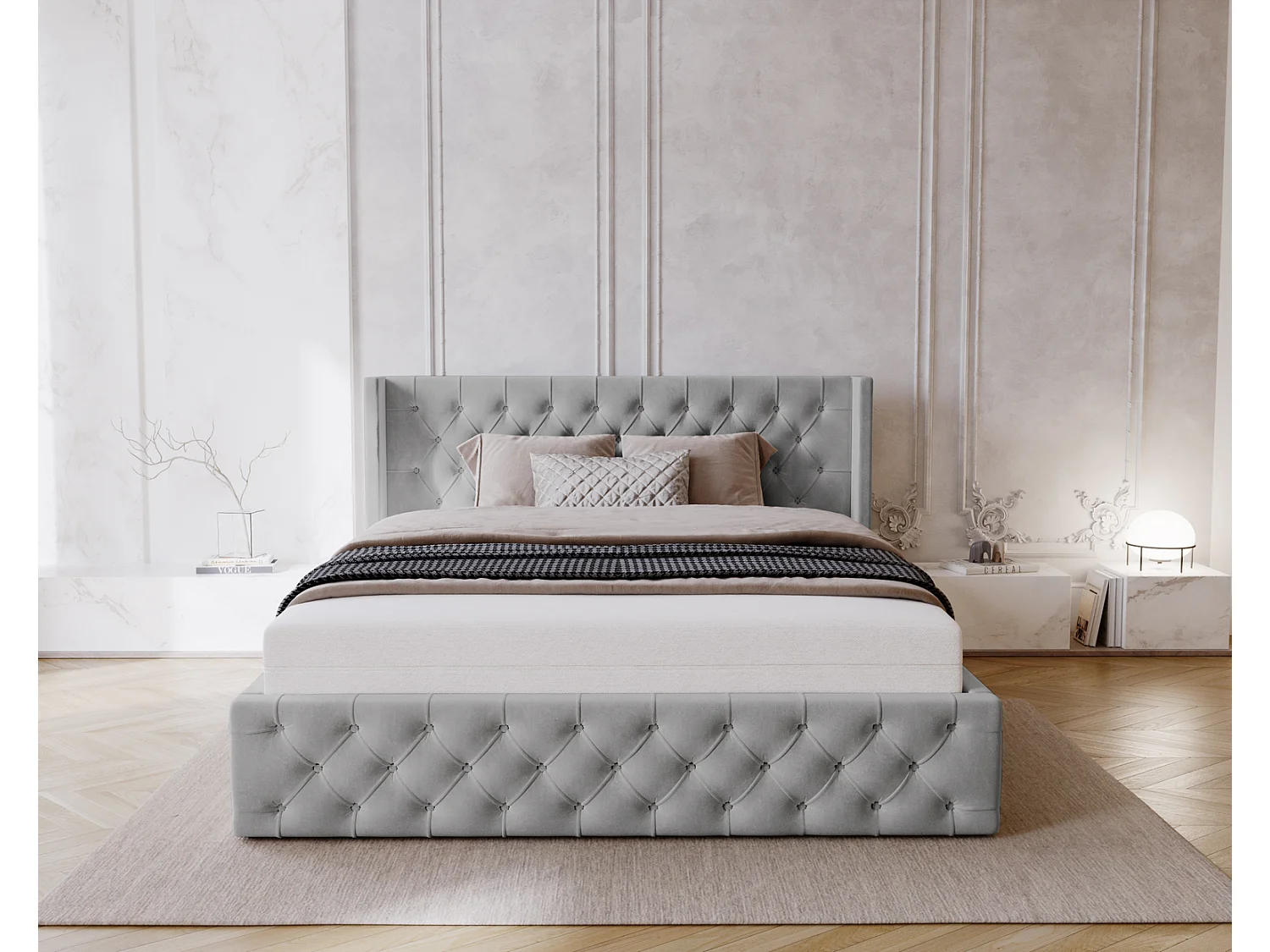 Emporius Rolia lit rembourré 200x200 lit avec rangement, sommier à lattes - lit coffre 200x200 tissu velour Gris clair (Magic Velvet 2218)