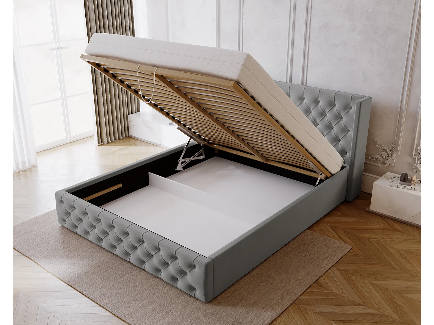 Emporius Rolia lit rembourré 200x200 lit avec rangement, sommier à lattes - lit coffre 200x200 tissu velour Gris clair (Magic Velvet 2218)