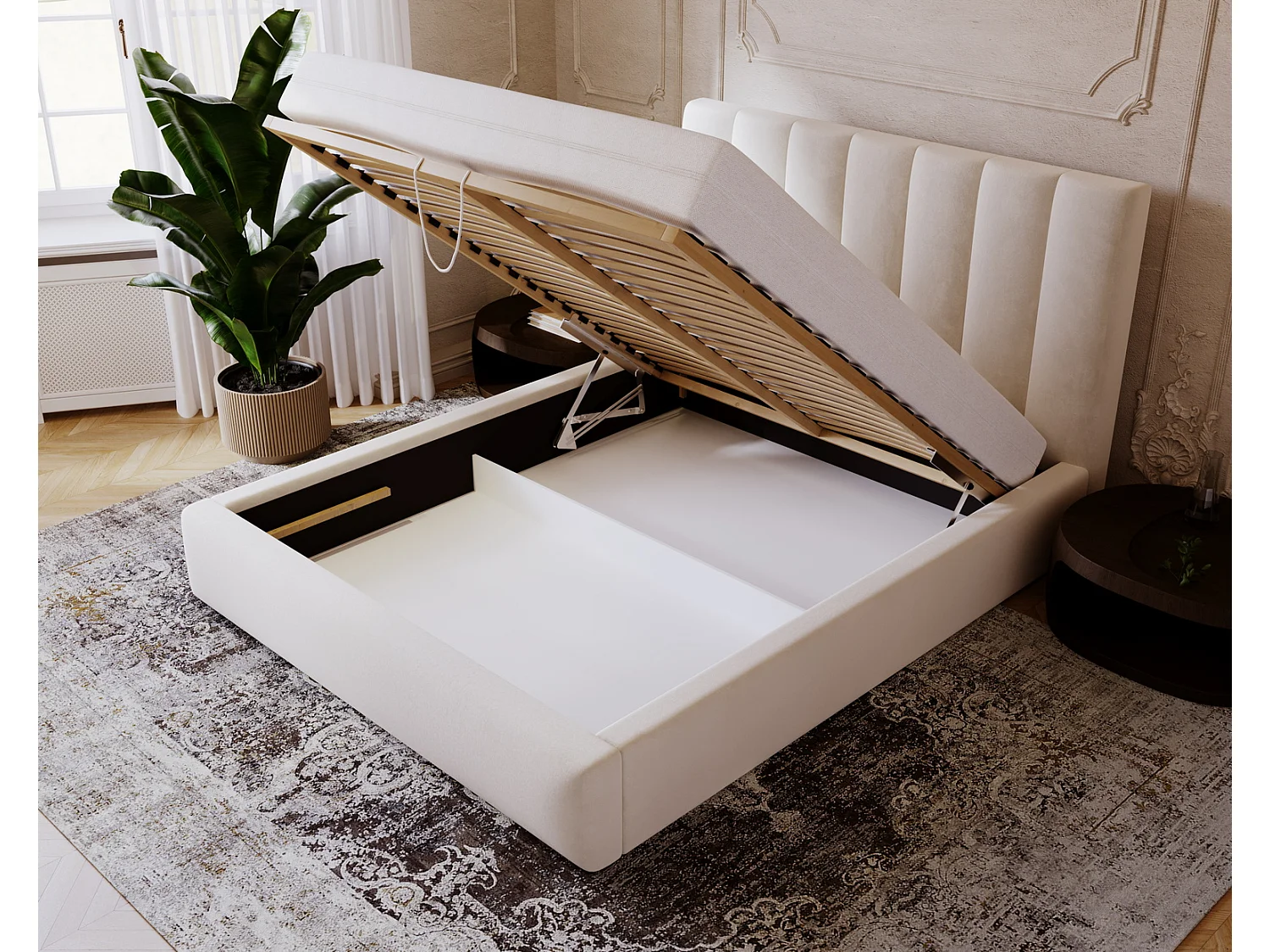 Emporius Velor lit coffre 160x200 avec rangement, lit adulte 160x200, sommier à lattes, velours Crème (Magic Velvet 2201)
