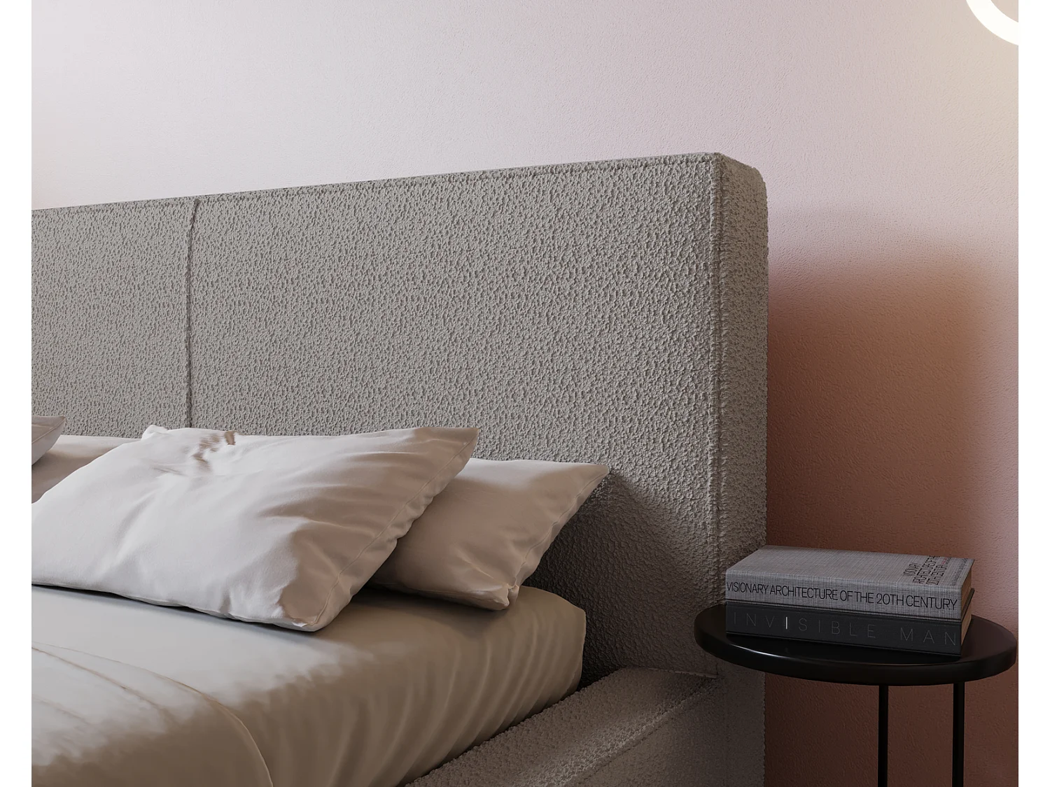 Emporius Morin lit double 160x200 avec rangement, sommier à lattes, tête de lit - lit bouclé 160x200 Gris clair (Anthology 15)