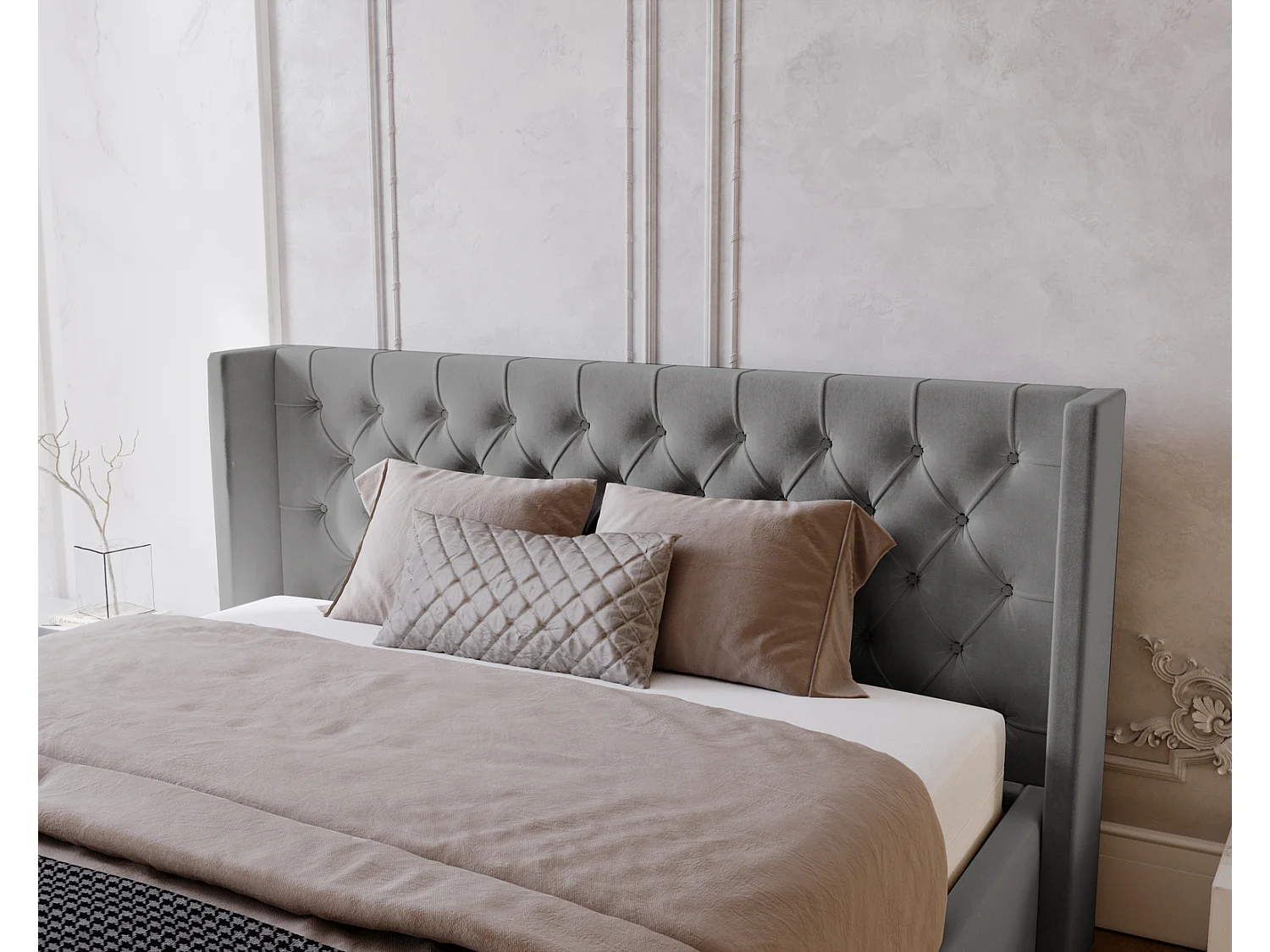 Emporius Rolia lit rembourré 180x200 lit avec rangement, sommier à lattes - lit coffre 180x200 tissu velour Gris (Magic Velvet 2217)