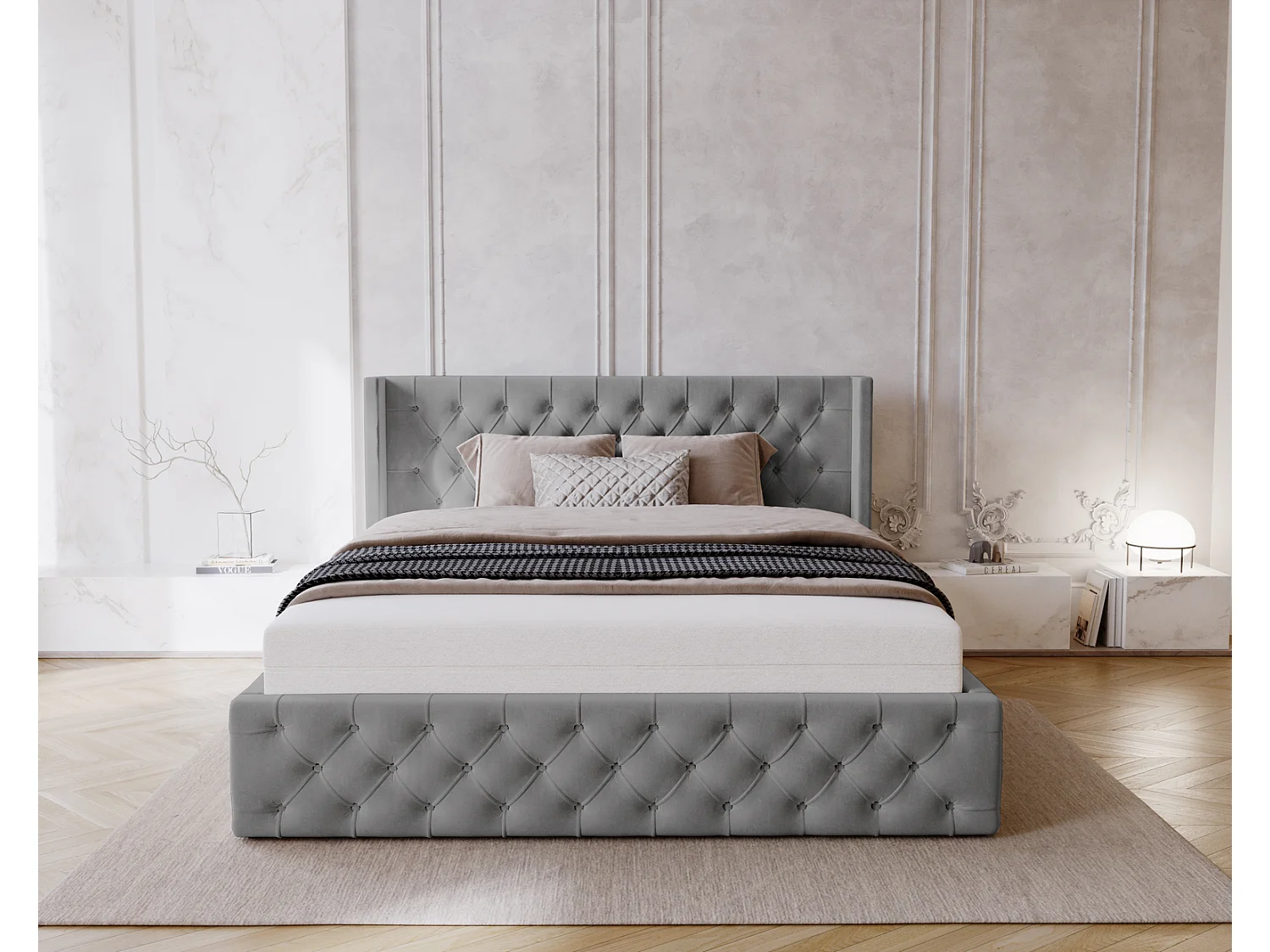 Emporius Rolia lit rembourré 180x200 lit avec rangement, sommier à lattes - lit coffre 180x200 tissu velour Gris (Magic Velvet 2217)