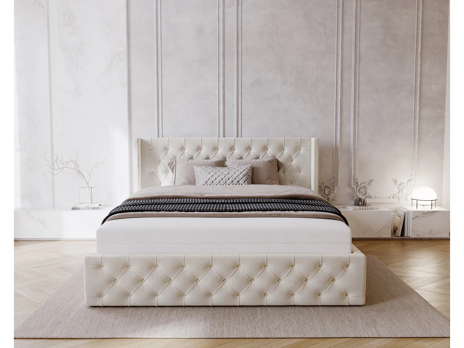 Emporius Rolia lit rembourré 140x200 lit avec rangement, sommier à lattes - lit coffre 140x200 tissu velour Crème (Magic Velvet 2201)