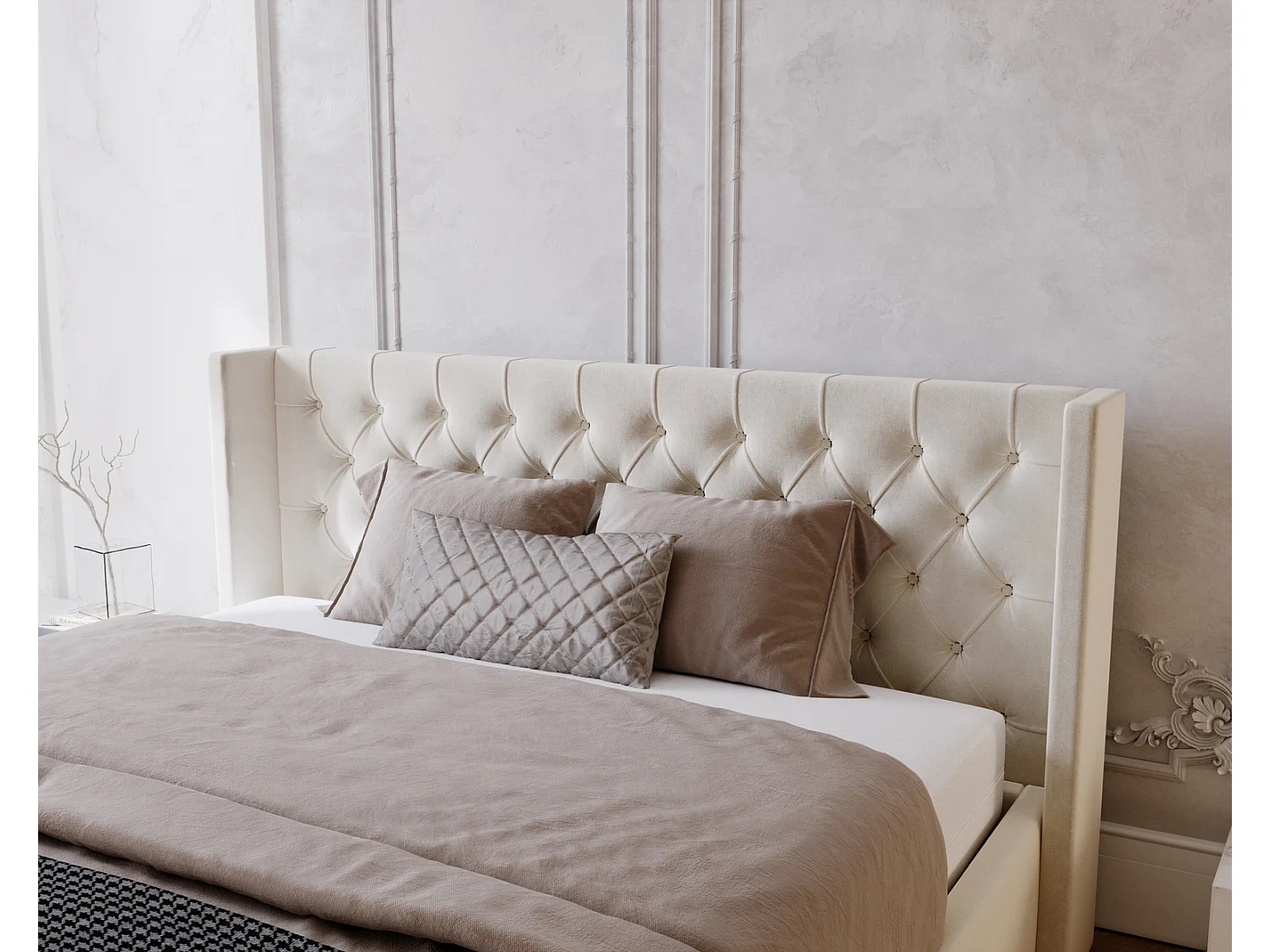 Emporius Rolia lit rembourré 200x200 lit avec rangement, sommier à lattes - lit coffre 200x200 tissu velour Crème (Magic Velvet 2201)