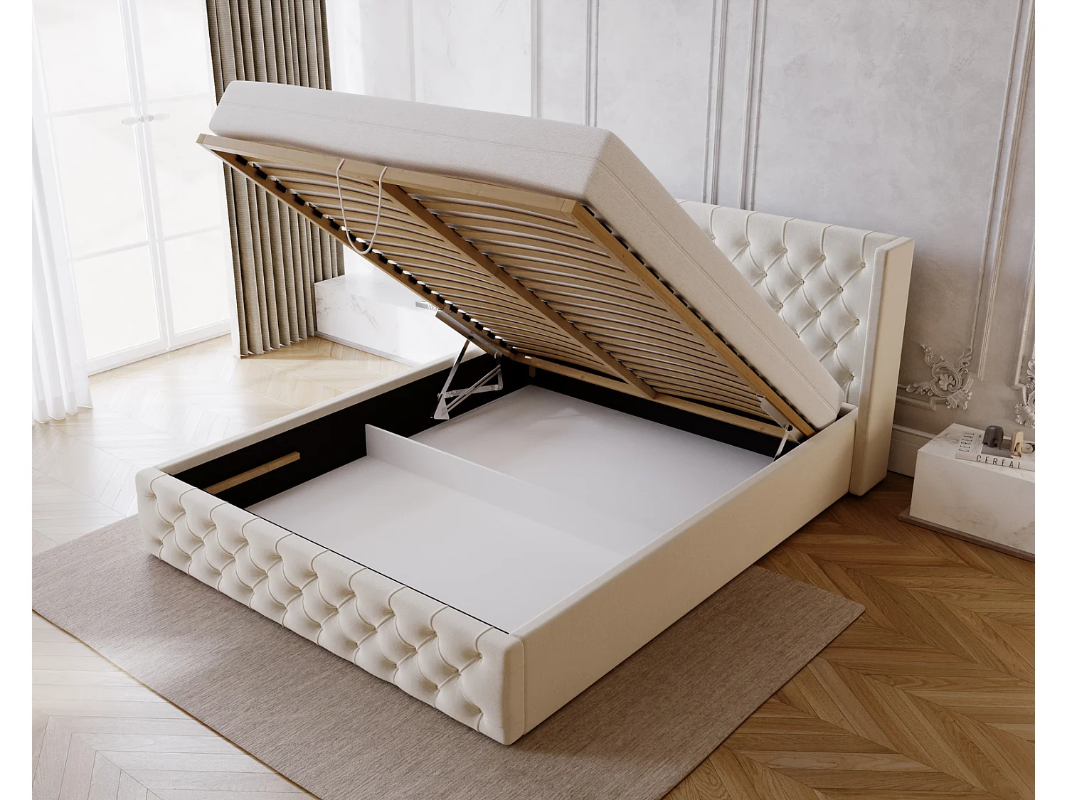 Emporius Rolia lit rembourré 200x200 lit avec rangement, sommier à lattes - lit coffre 200x200 tissu velour Crème (Magic Velvet 2201)