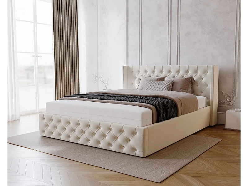 Emporius Rolia lit rembourré 200x200 lit avec rangement, sommier à lattes - lit coffre 200x200 tissu velour Crème (Magic Velvet 2201)