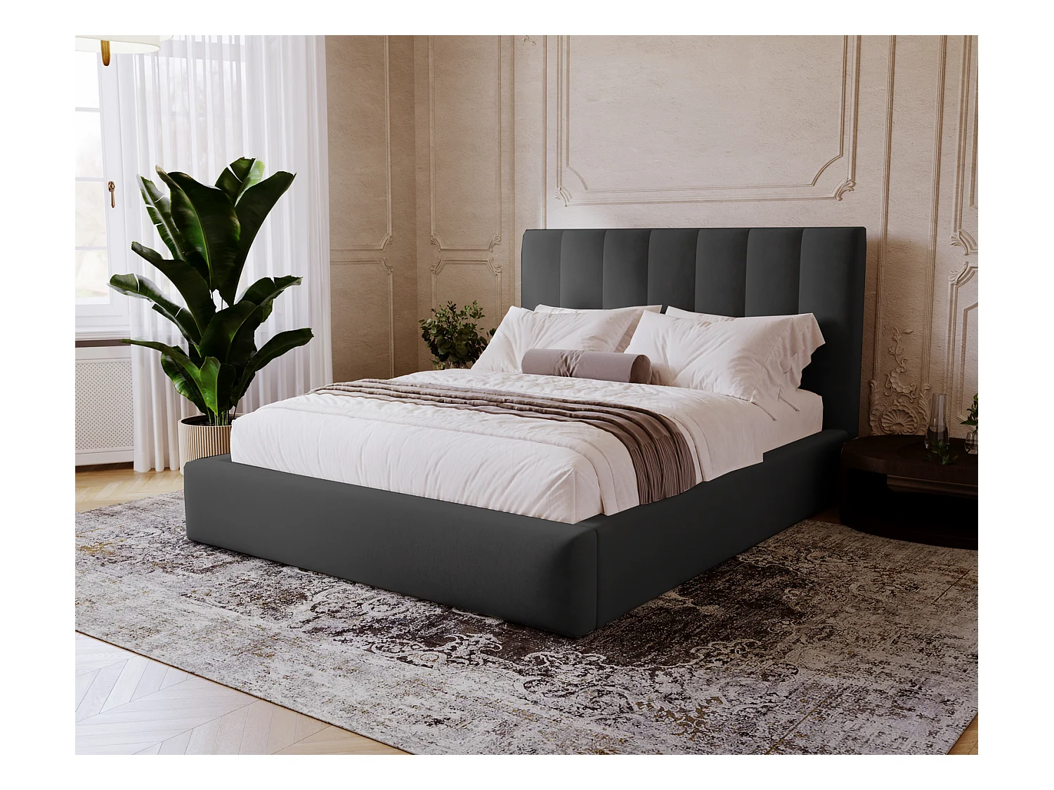 Emporius Velor lit coffre 160x200 avec rangement, lit adulte 160x200, sommier à lattes, velours Noir (Magic Velvet 2219)