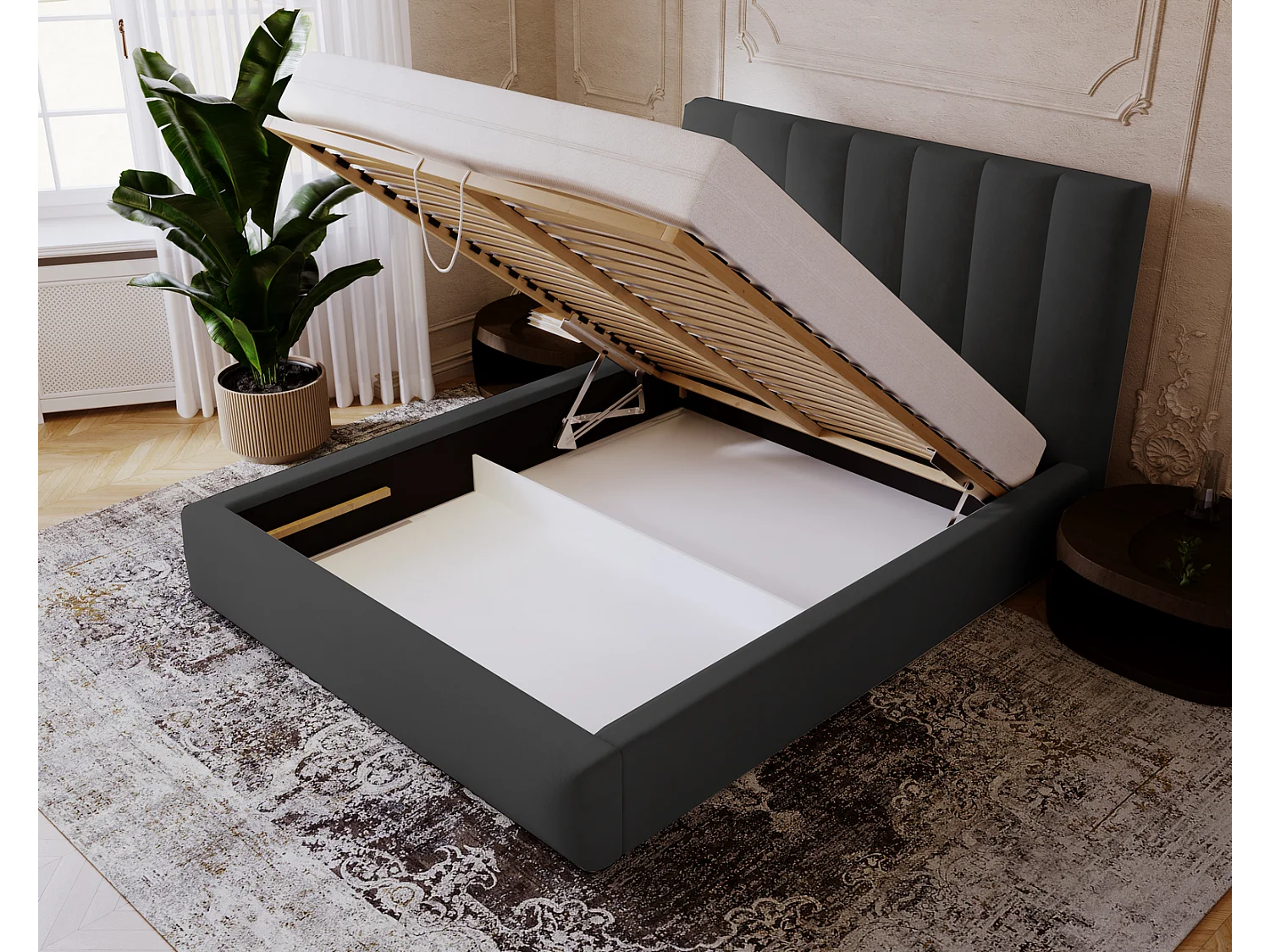 Emporius Velor łóżko dwuosobowe sypialniane 160x200 - pojemnik i stelaż, łóżko dwuosobowe 160x200 w nowoczesnym stylu - aksamit, czarny (Magic Velvet 2219)