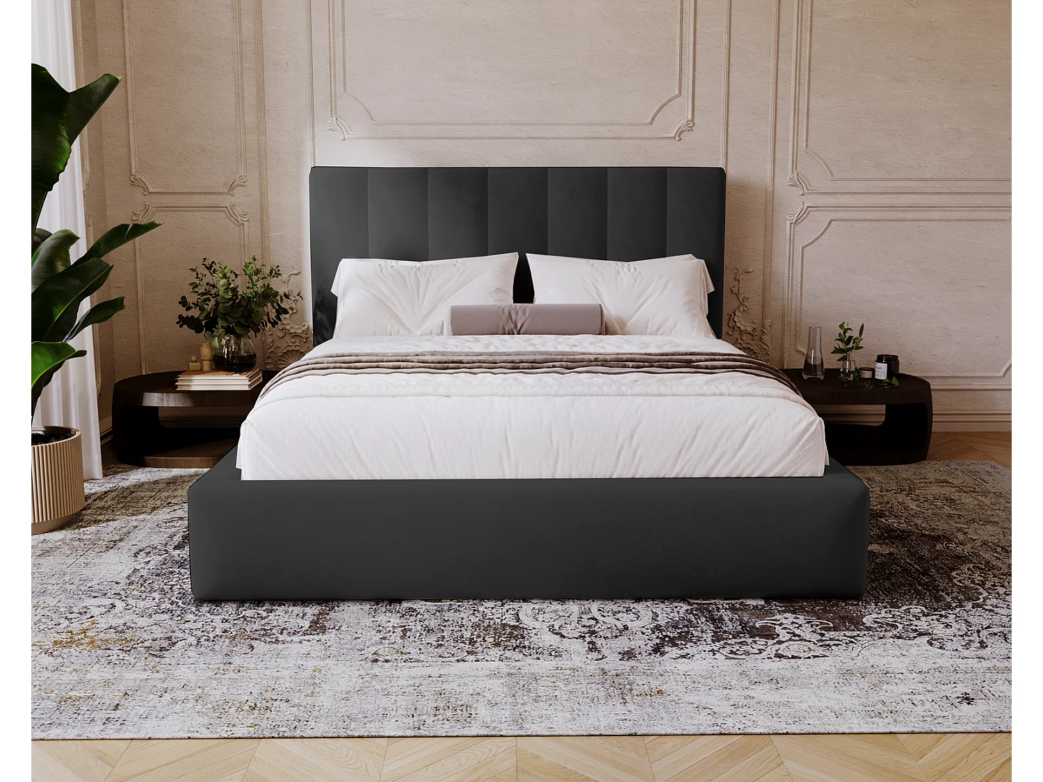 Emporius Velor lit coffre 160x200 avec rangement, lit adulte 160x200, sommier à lattes, velours Noir (Magic Velvet 2219)