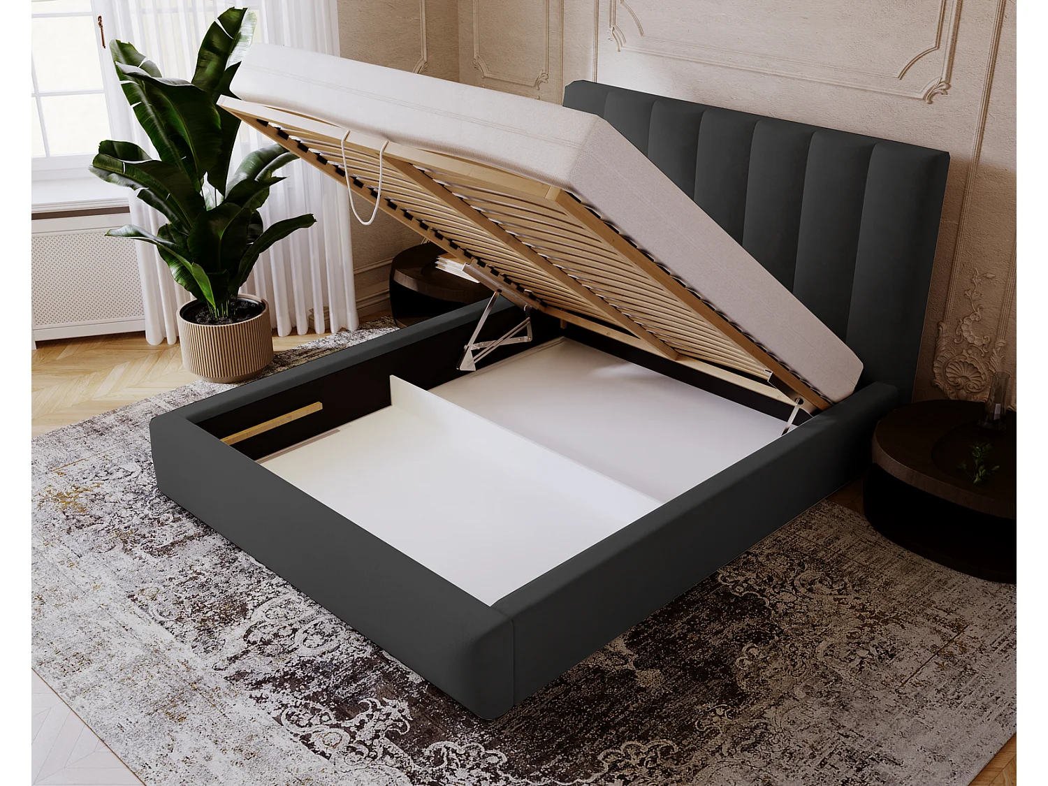 Emporius Velor lit coffre 160x200 avec rangement, lit adulte 160x200, sommier à lattes, velours Noir (Magic Velvet 2219)