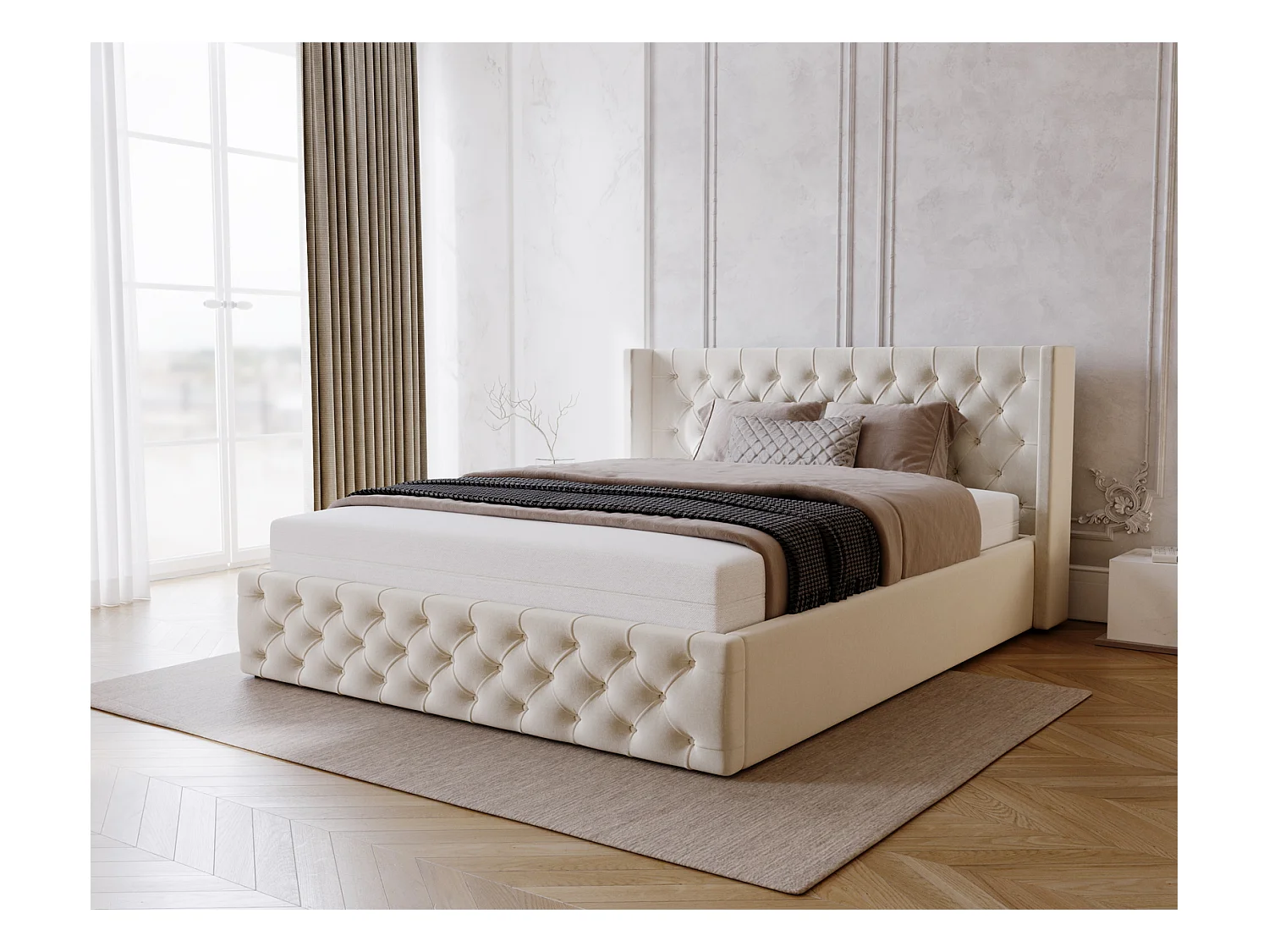 Emporius Rolia lit rembourré 160x200 lit avec rangement, sommier à lattes - lit coffre 160x200 tissu velour Crème (Magic Velvet 2201)