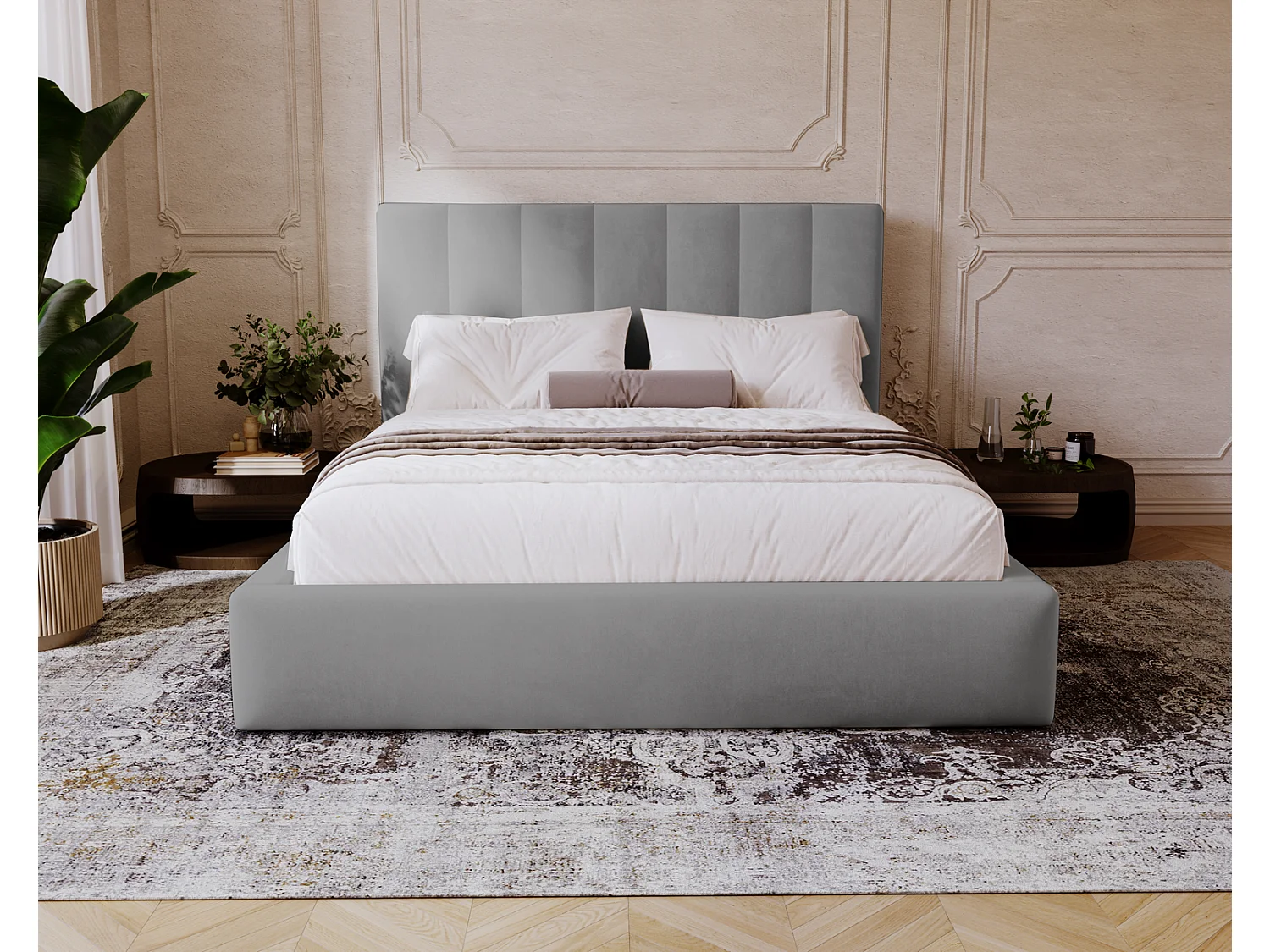 Emporius Velor lit coffre 200x200 avec rangement, lit adulte 200x200, sommier à lattes, velours Gris clair (Magic Velvet 2218)