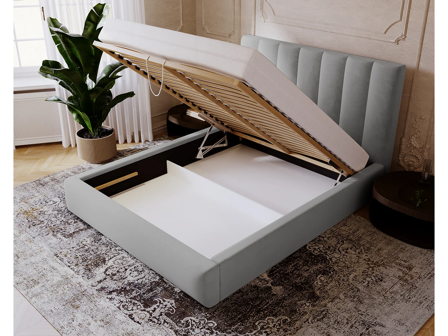 Emporius Velor lit coffre 200x200 avec rangement, lit adulte 200x200, sommier à lattes, velours Gris clair (Magic Velvet 2218)