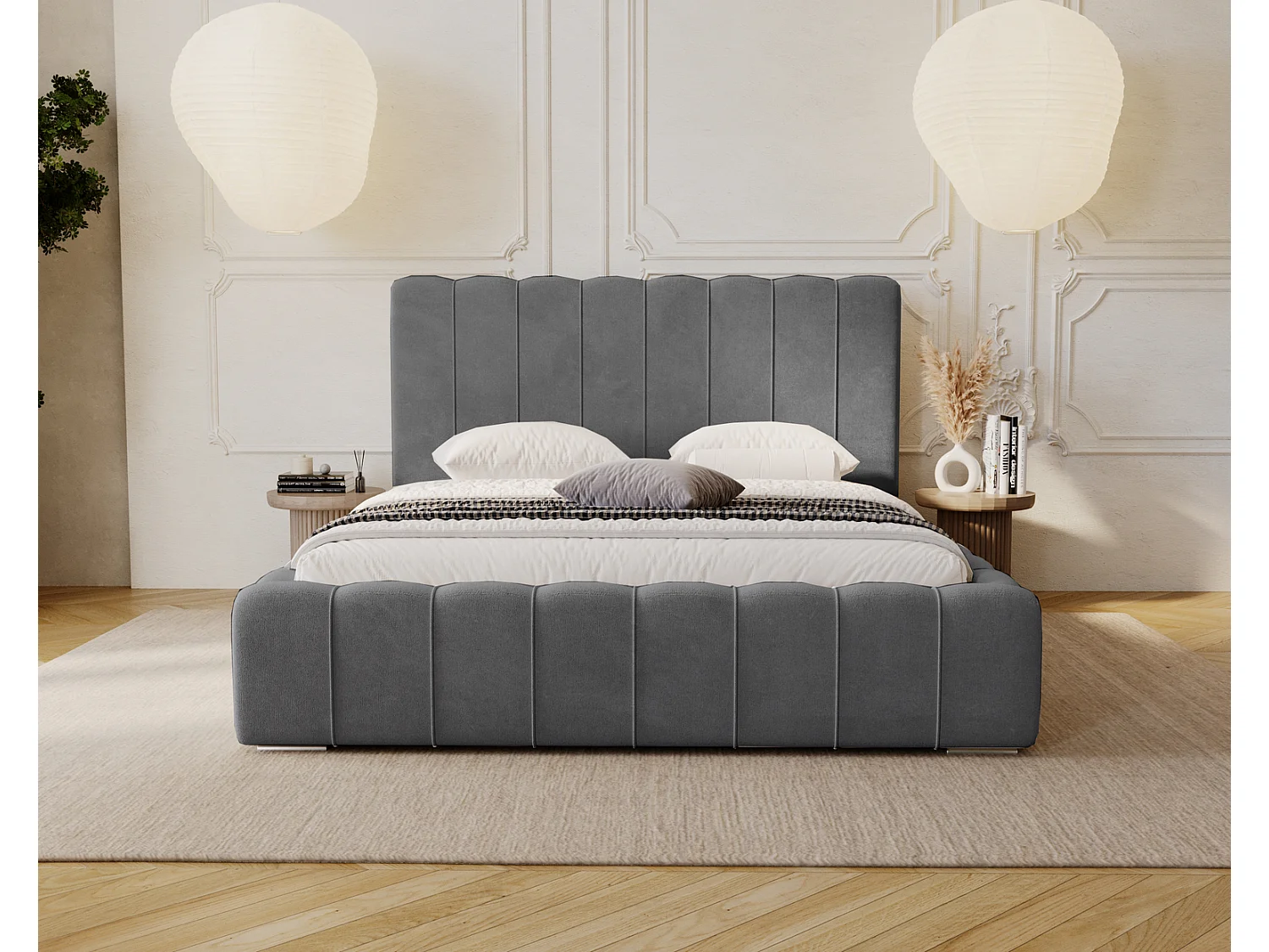 Emporius Lisbon lit avec rangement, lit adulte 140x200 sommier à lattes - lit coffre 140 x 200 - tissu velour Gris (Komodo 21)