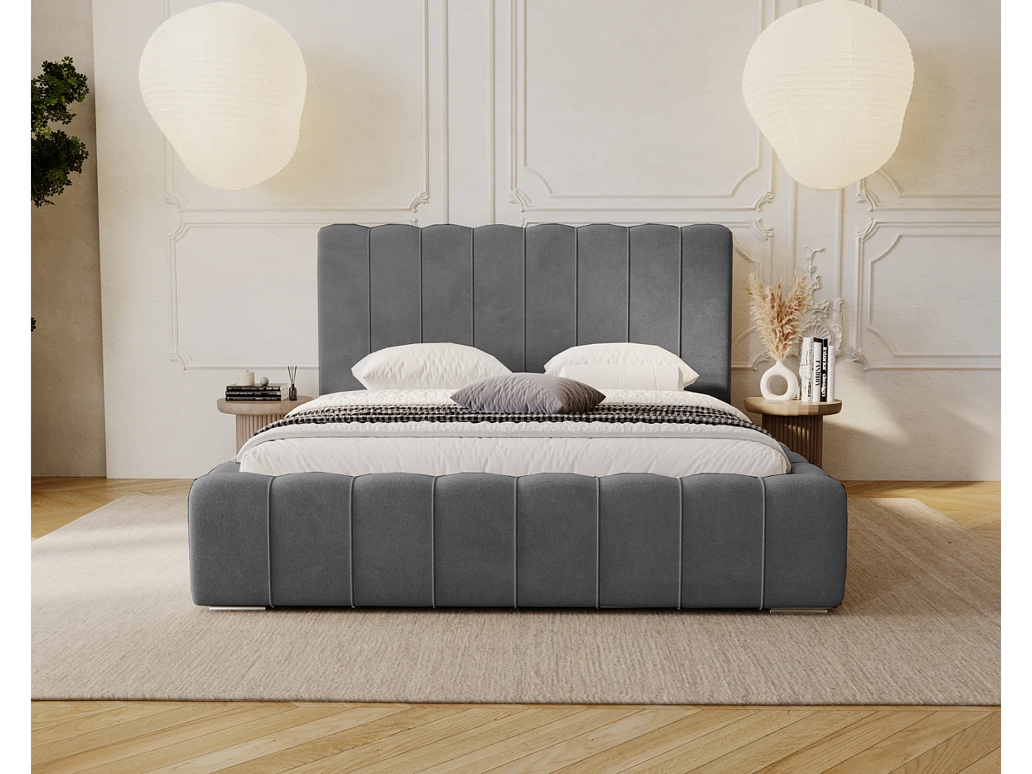 Emporius Lisbon gestoffeerd bed 140x200 met opbergruimte - bed 140x200, tweepersoonsbed fluwelen Grijs (Komodo 21)