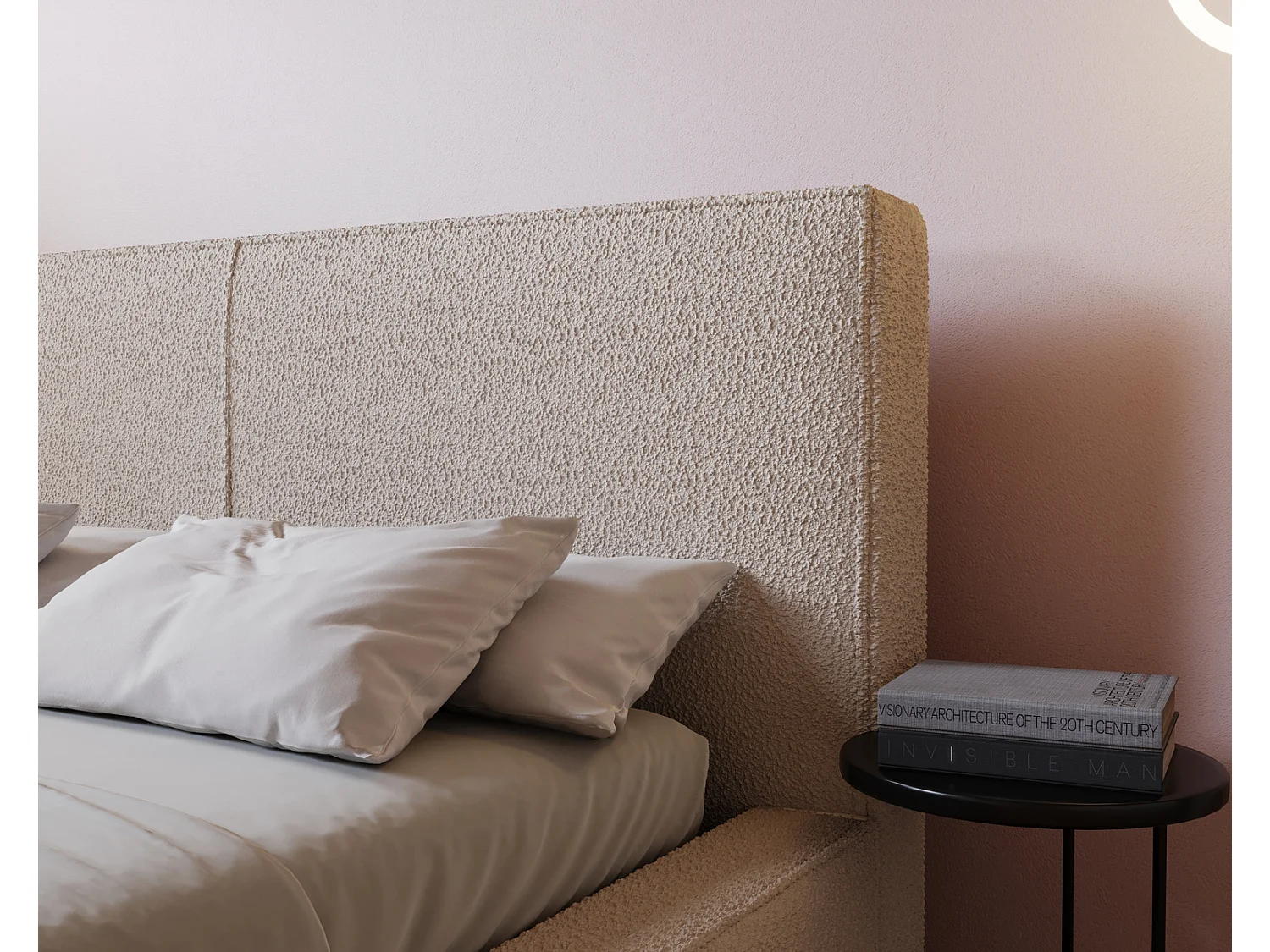 Emporius Morin lit double 140x200 avec rangement, sommier à lattes, tête de lit - lit bouclé 140x200 Beige (Anthology 3)